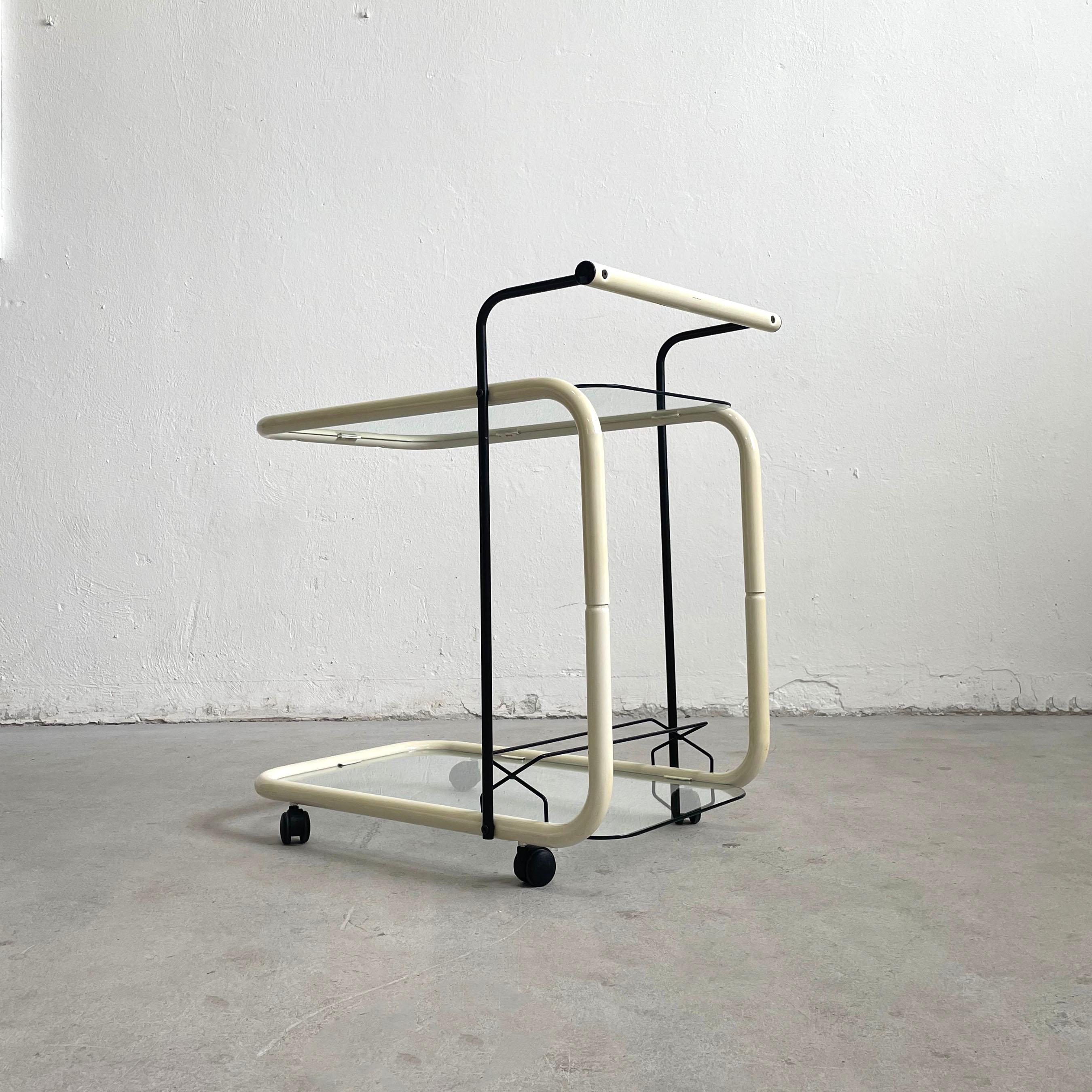 Late 20th Century Vintage Italian Modernist Serving Cart Trolley White Metal and Glass, Italy 1970