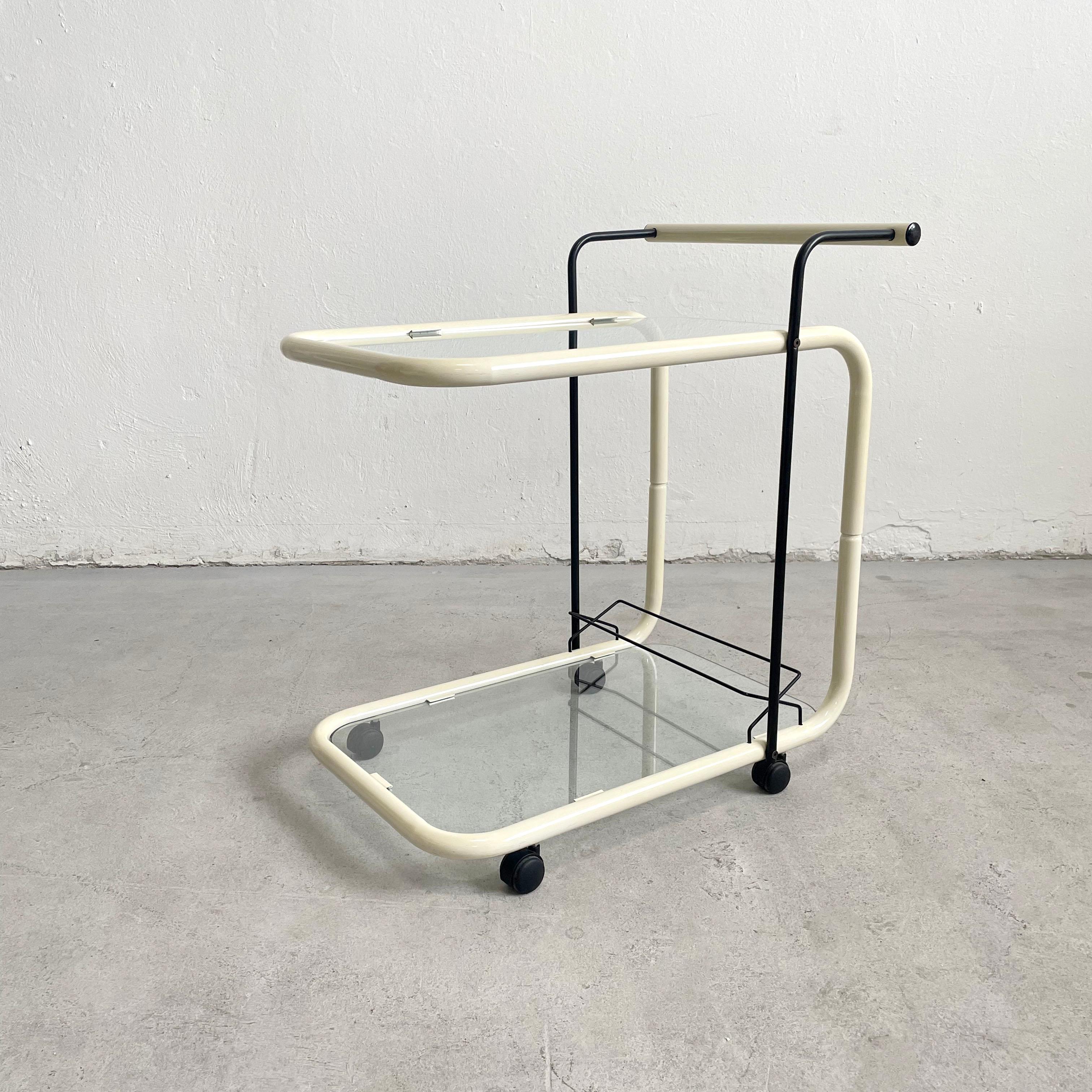 Vintage Italian Modernist Serving Cart Trolley White Metal and Glass, Italy 1970 2