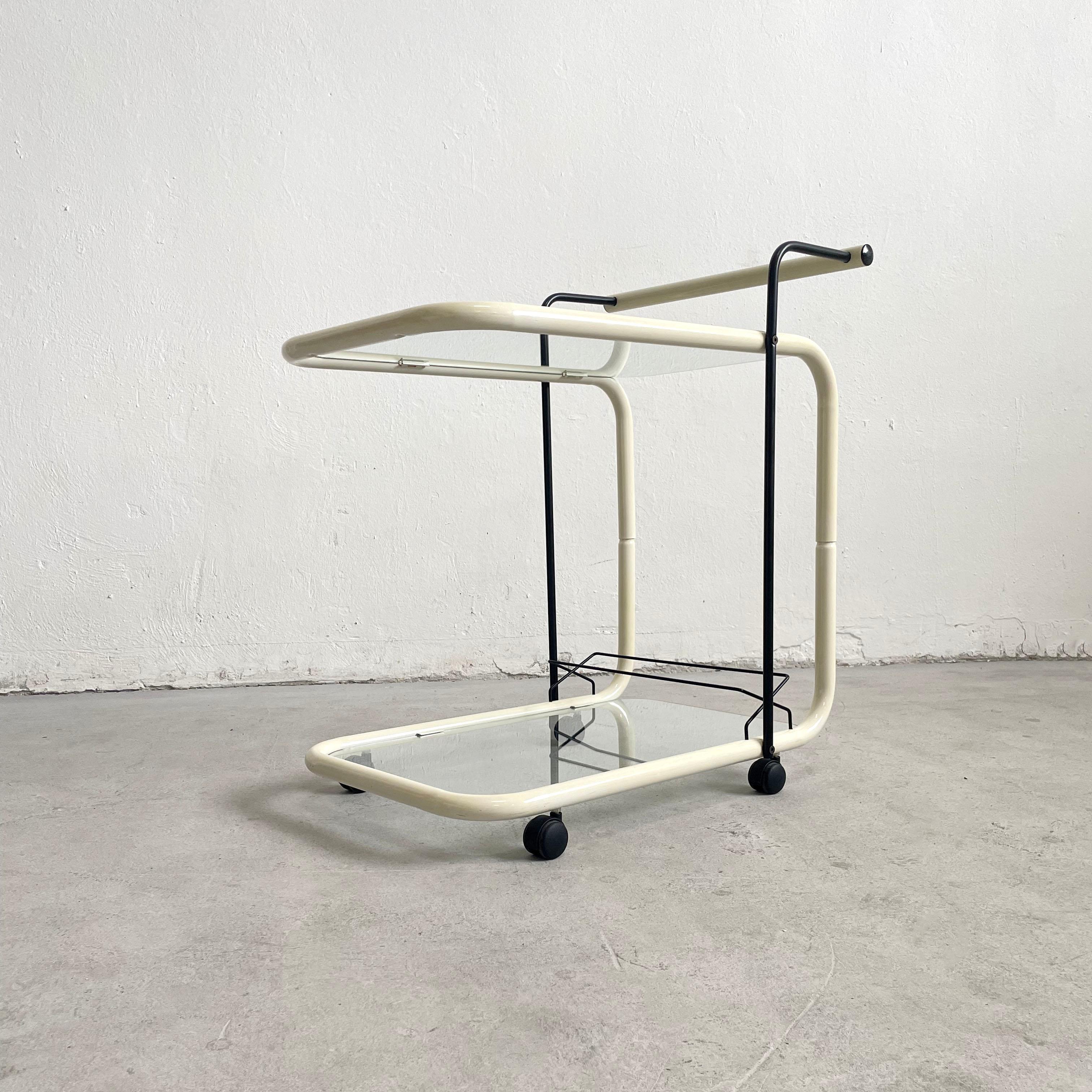Vintage Italian Modernist Serving Cart Trolley White Metal and Glass, Italy 1970 3