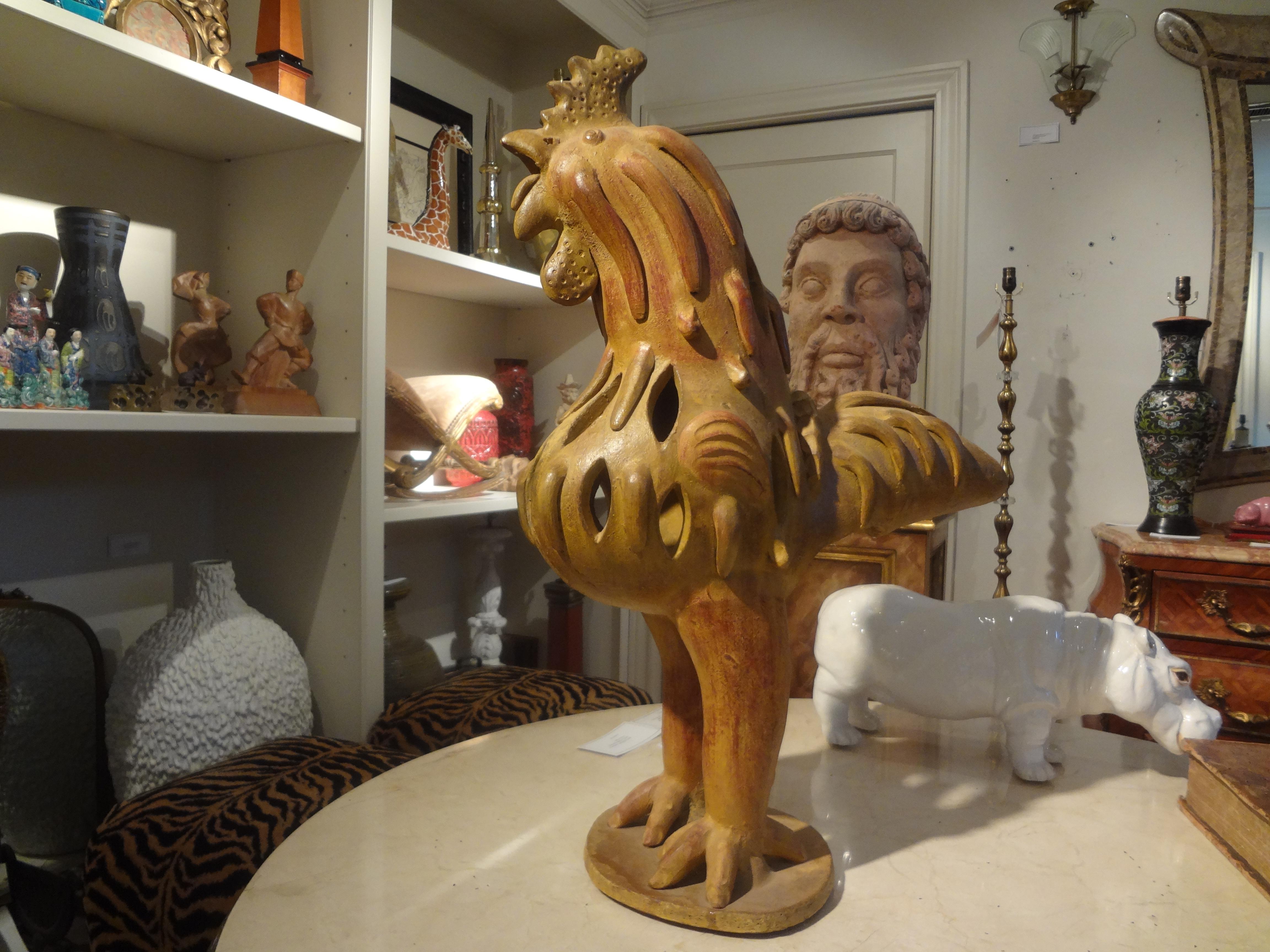 Italian Modernist terracotta rooster sculpture. This stunning vintage Italian midcentury terra cotta rooster is large and well executed.