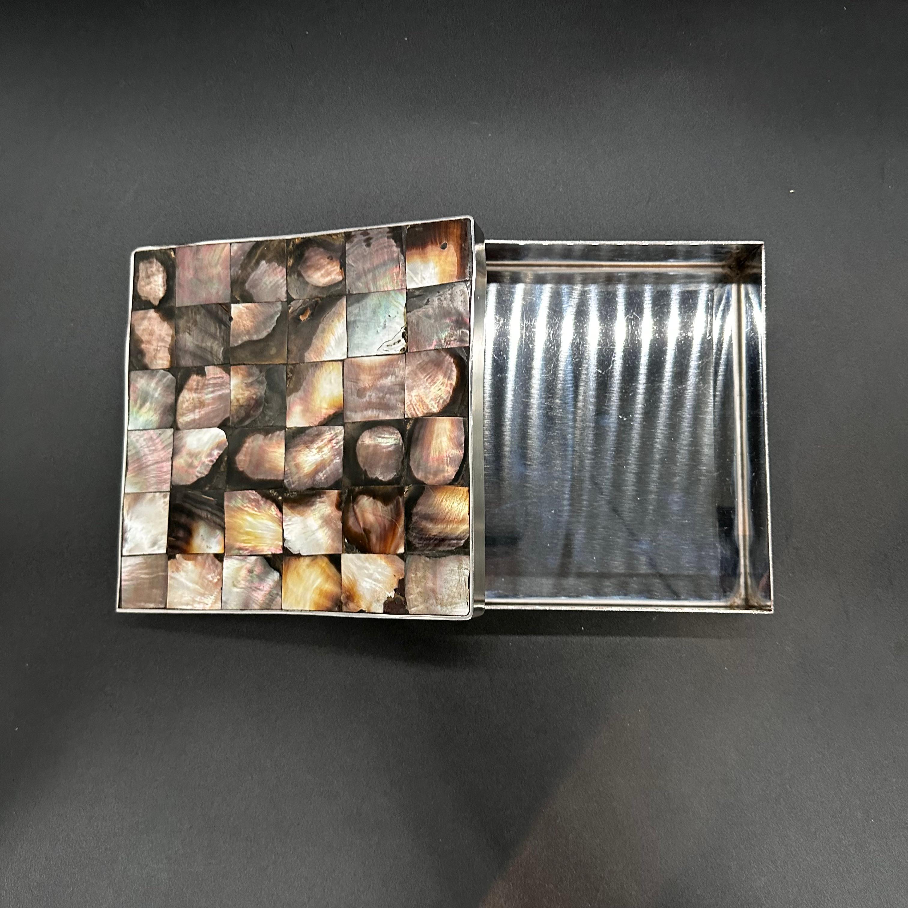 Mother-of-Pearl Vintage Italian Mother of Pearl and Chrome Decorative Box 1980s For Sale