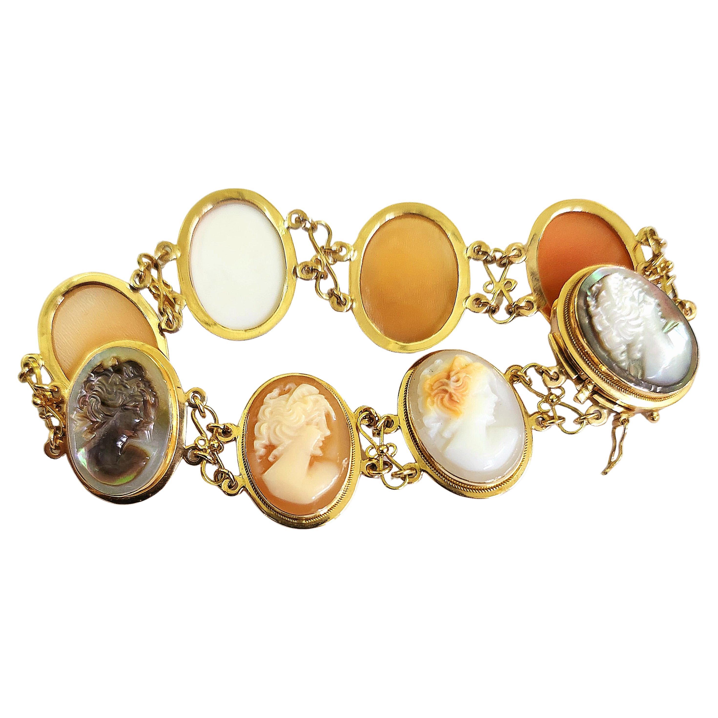 Vintage Italian Mother Of Pearl Cameo Gold Bracelet