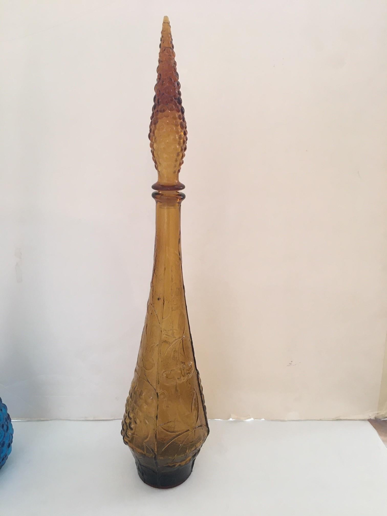 Carved Vintage Italian Multi-Colored Empoli Glass Genie Decanter Bottles with Stopper For Sale