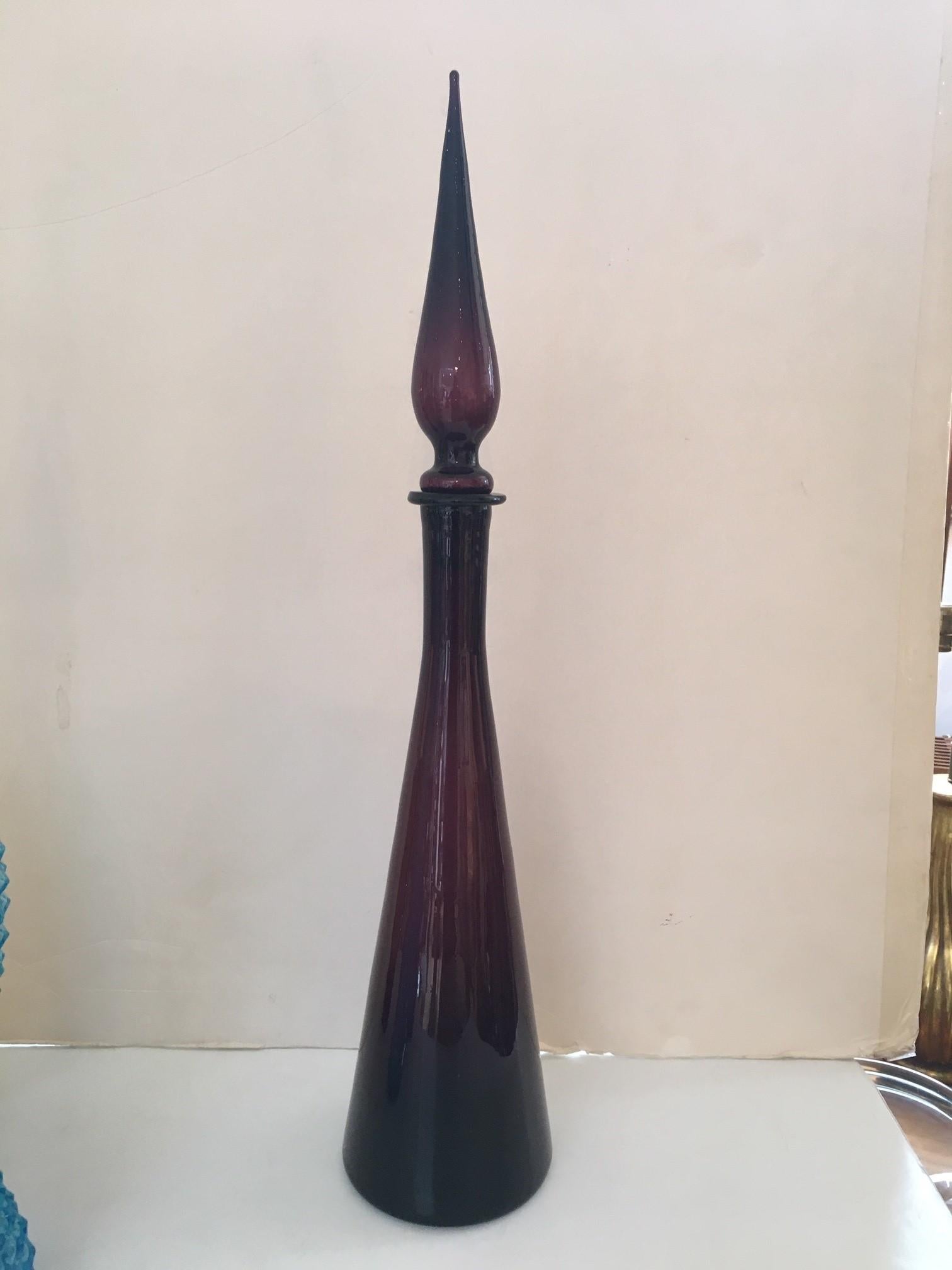 Mid-20th Century Vintage Italian Multi-Colored Empoli Glass Genie Decanter Bottles with Stopper For Sale