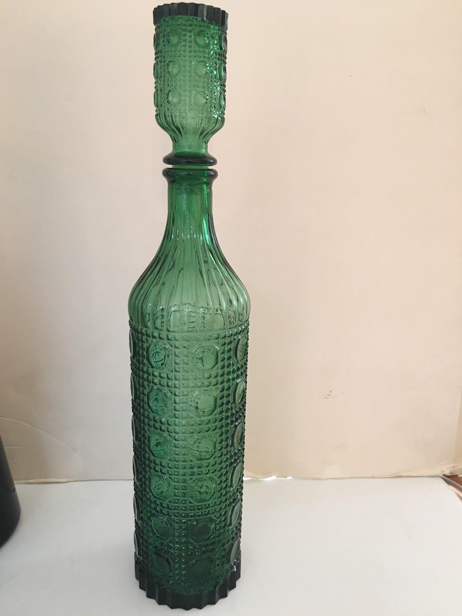 Vintage Italian Multi-Colored Empoli Glass Genie Decanter Bottles with Stopper For Sale 2