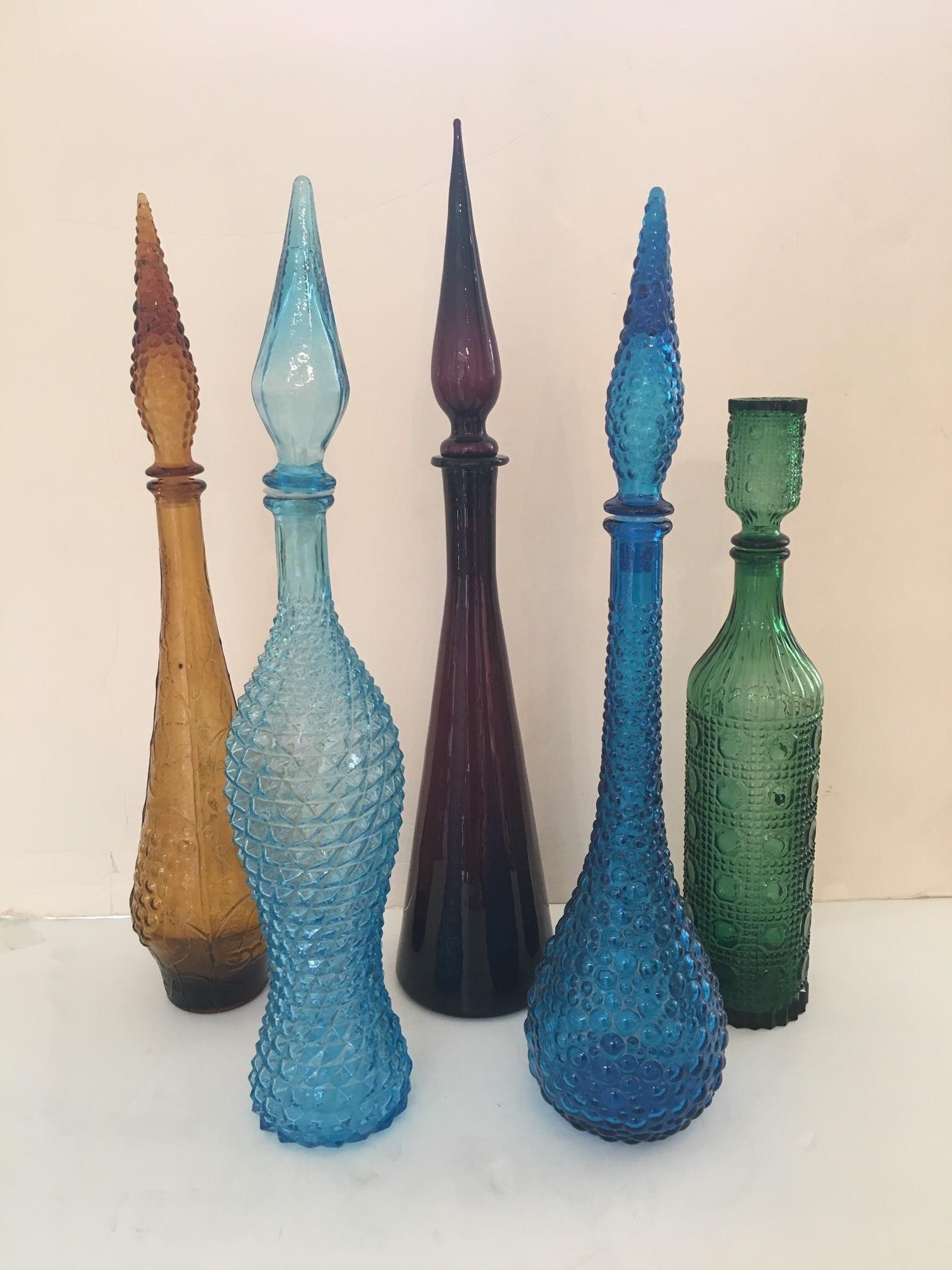 Vintage Italian Multi-Colored Empoli Glass Genie Decanter Bottles with Stopper For Sale 3