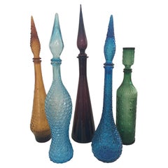 Vintage Italian Multi-Colored Empoli Glass Genie Decanter Bottles with Stopper