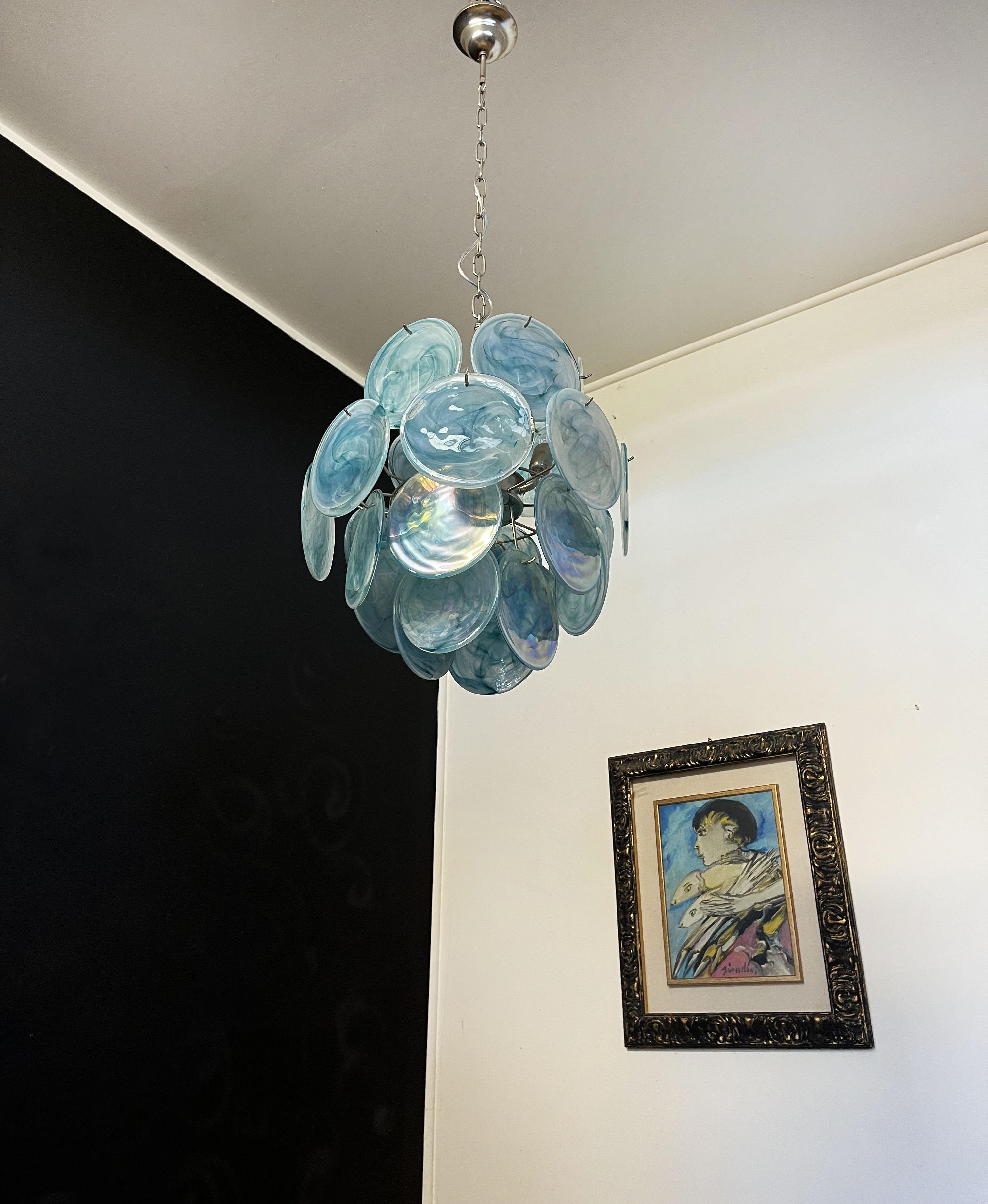 Mid-Century Modern Vintage Italian Murano chandelier - 24 blue disks For Sale