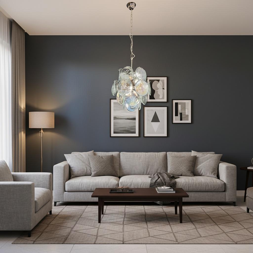 Vintage Italian Murano chandelier in Vistosi style. The chandelier has 24 fantastic iridescent grit discs in a nickel metal frame. The glasses have the particularity of reflecting a multiplicity of colors, which makes the chandelier a true work of