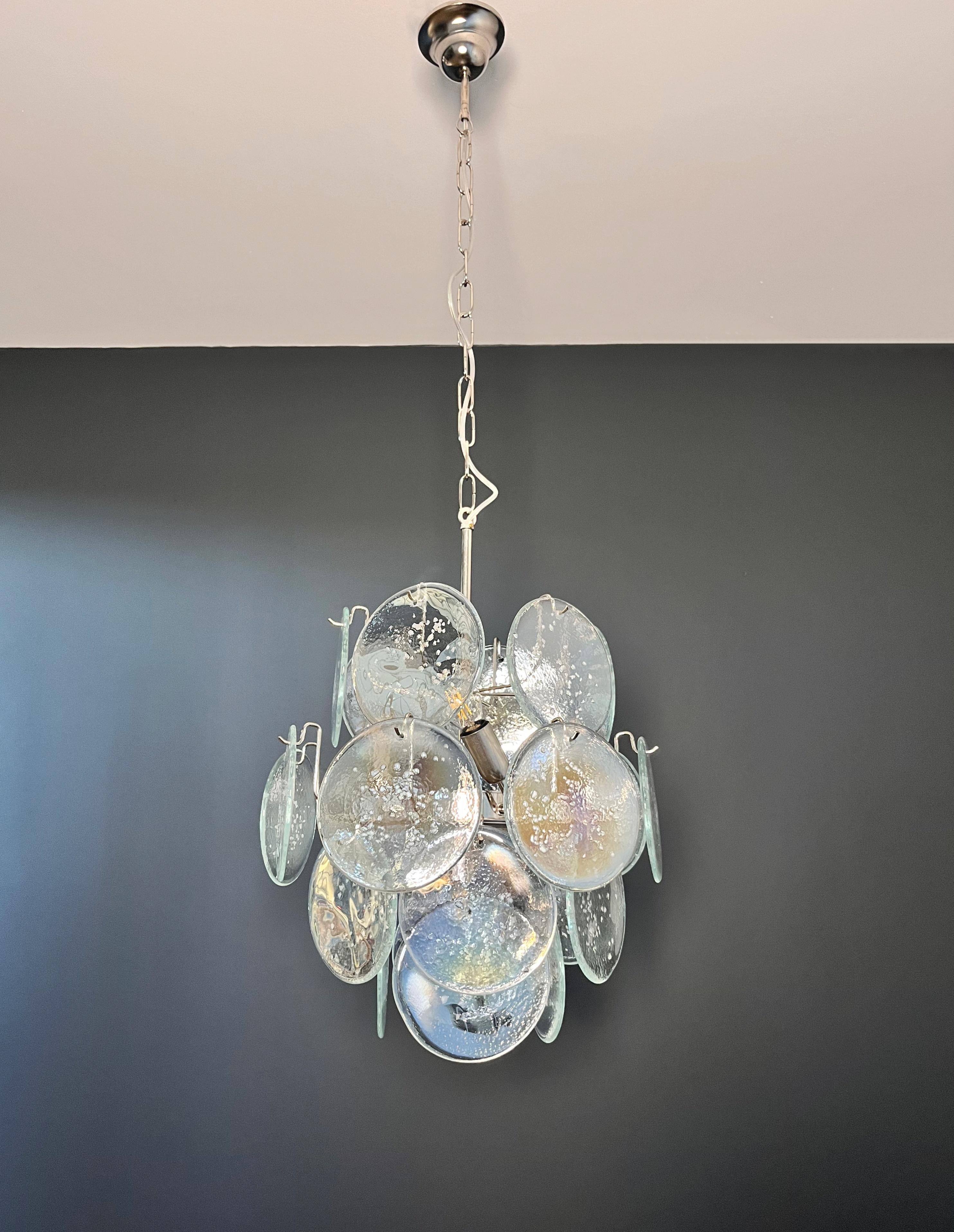 Galvanized Vintage Italian Murano Chandelier, 24 Iridescent Grit Disks For Sale