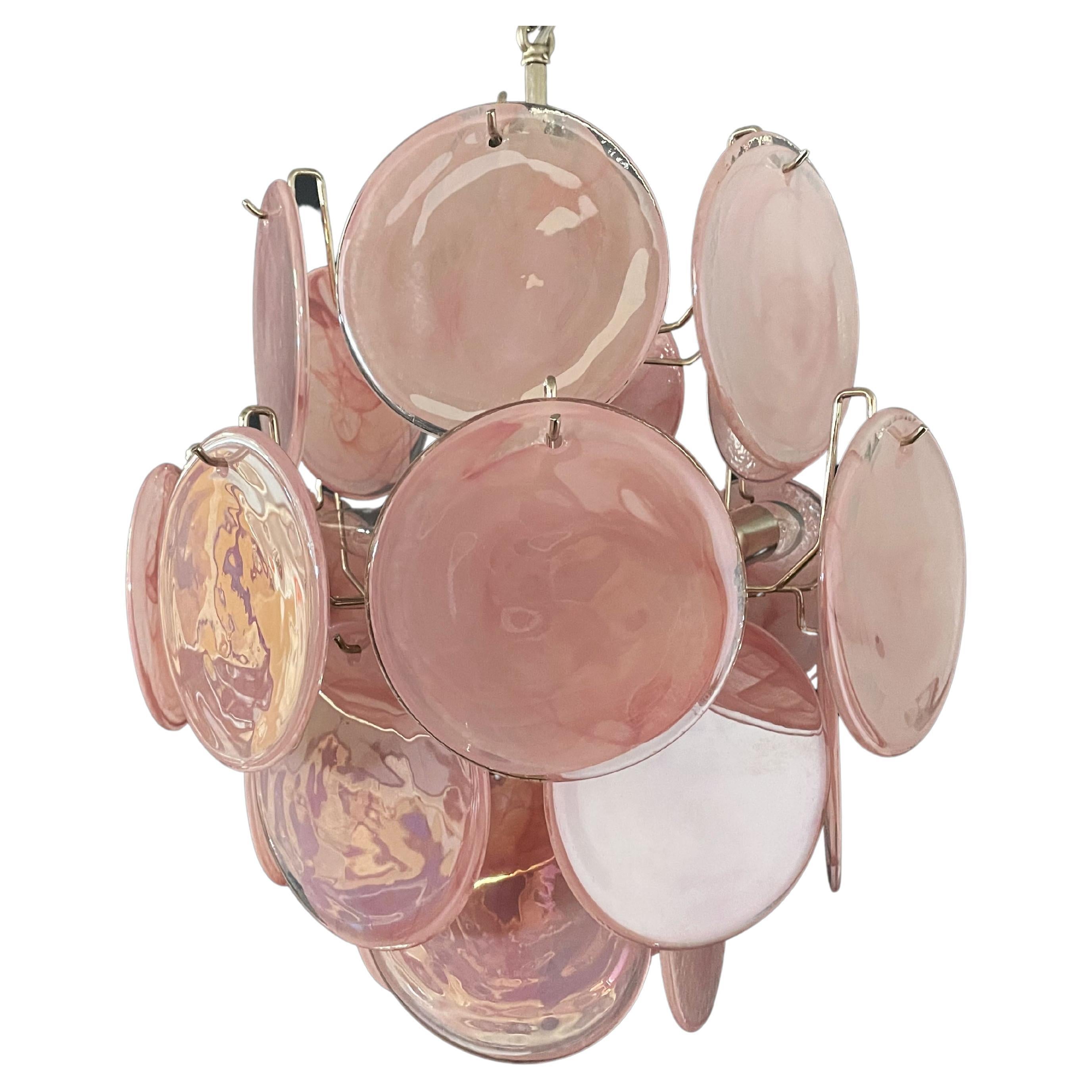 Vintage Italian Murano Chandelier, 24 Pink Disks