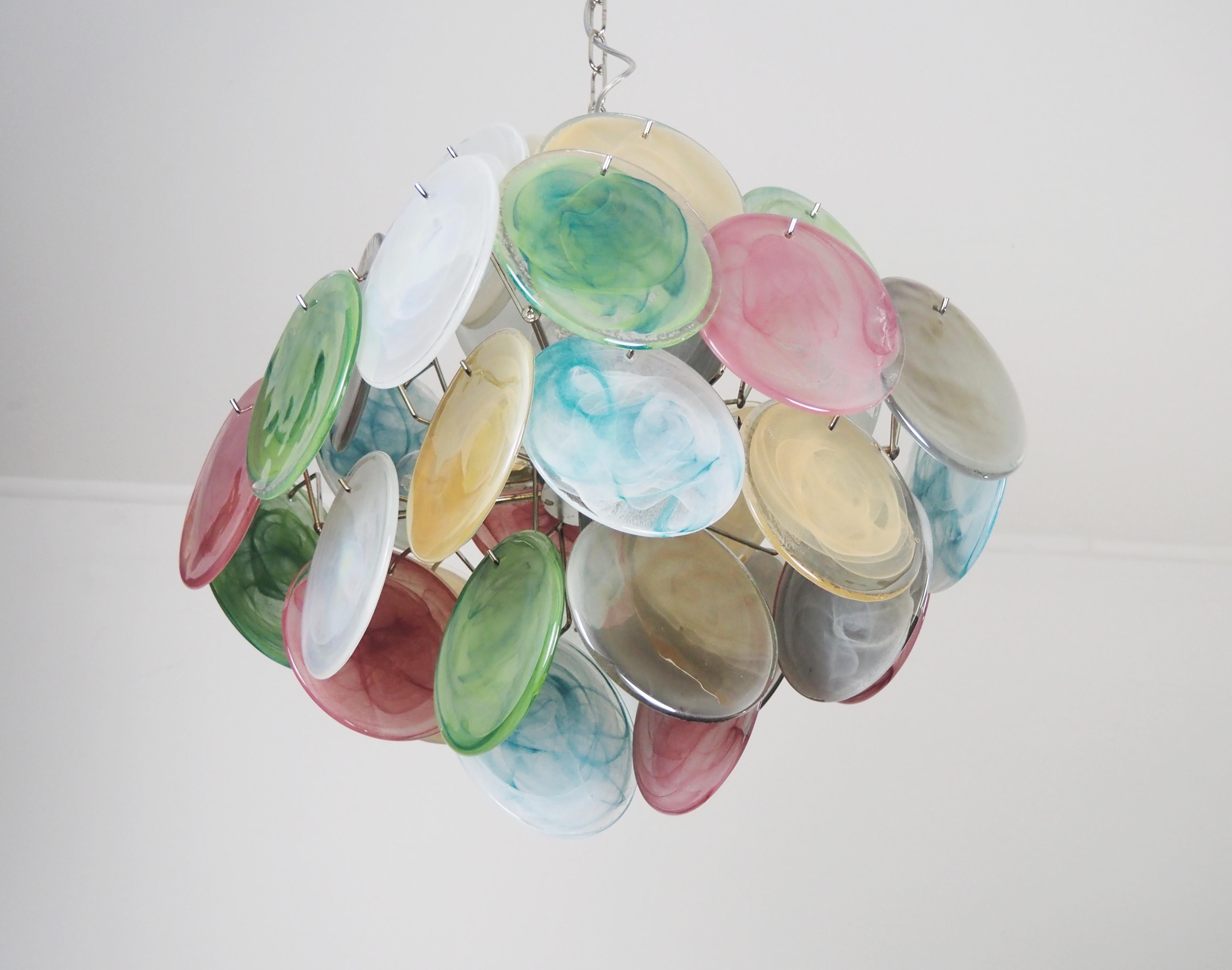 Vintage Italian Murano Chandelier - 36 Alabaster Multicolored Disks For Sale 7