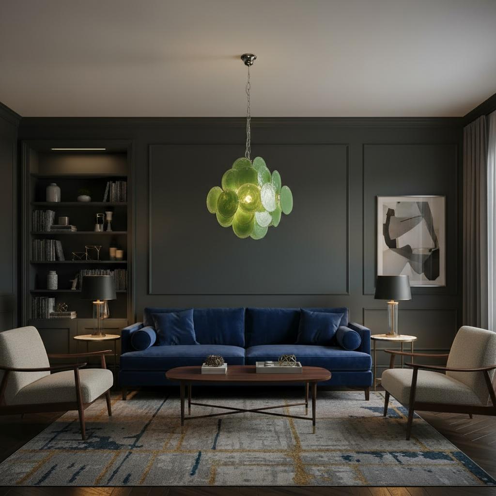 Lustre italien de Murano dans le style Vistosi. Le lustre est composé de 36 disques iridescents d'un vert albâtre fantastique dans un cadre métallique en nickel.
Période : fin du XXe siècle
Dimensions : 44,50 pouces (150 cm) de hauteur avec chaîne ;