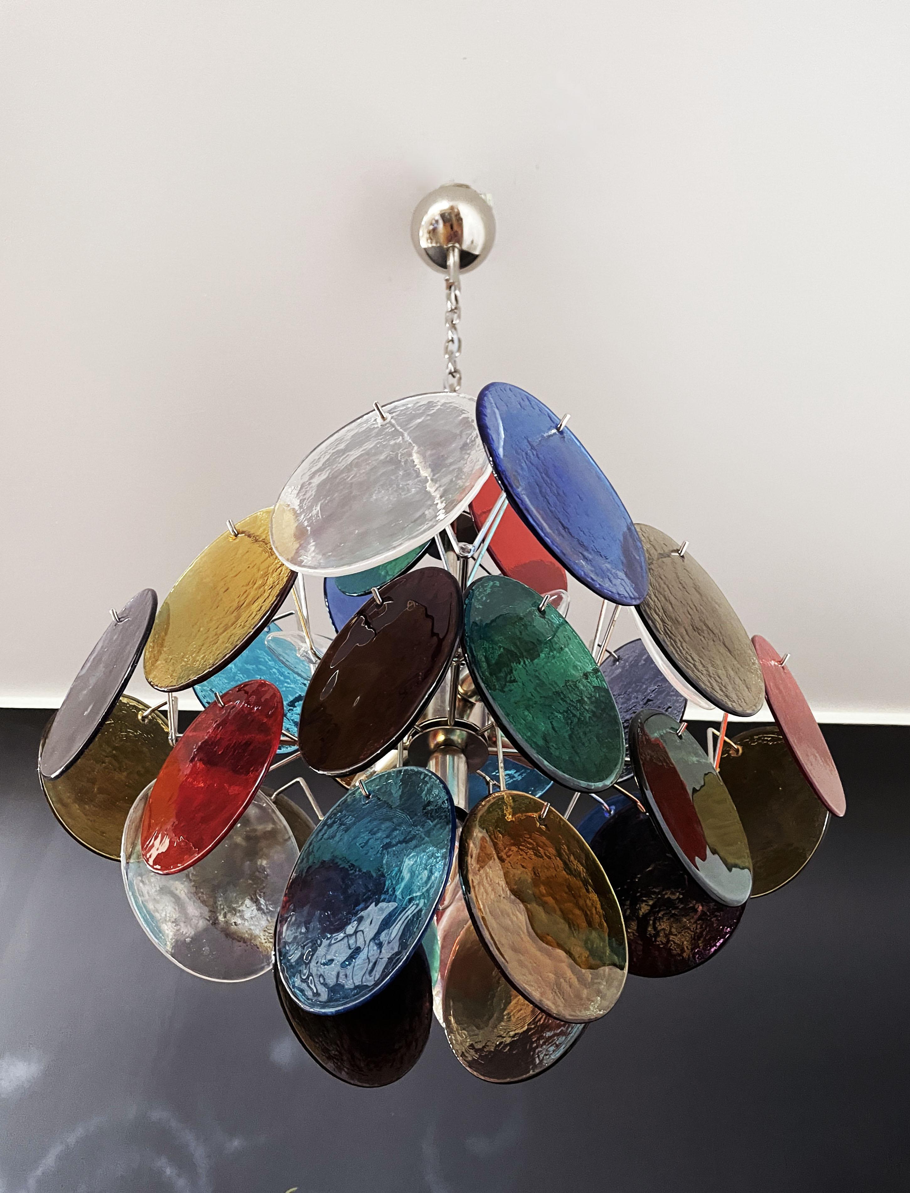 Vintage Italian Murano chandelier - 36 multicolored disks In Good Condition For Sale In Gaiarine Frazione Francenigo (TV), IT