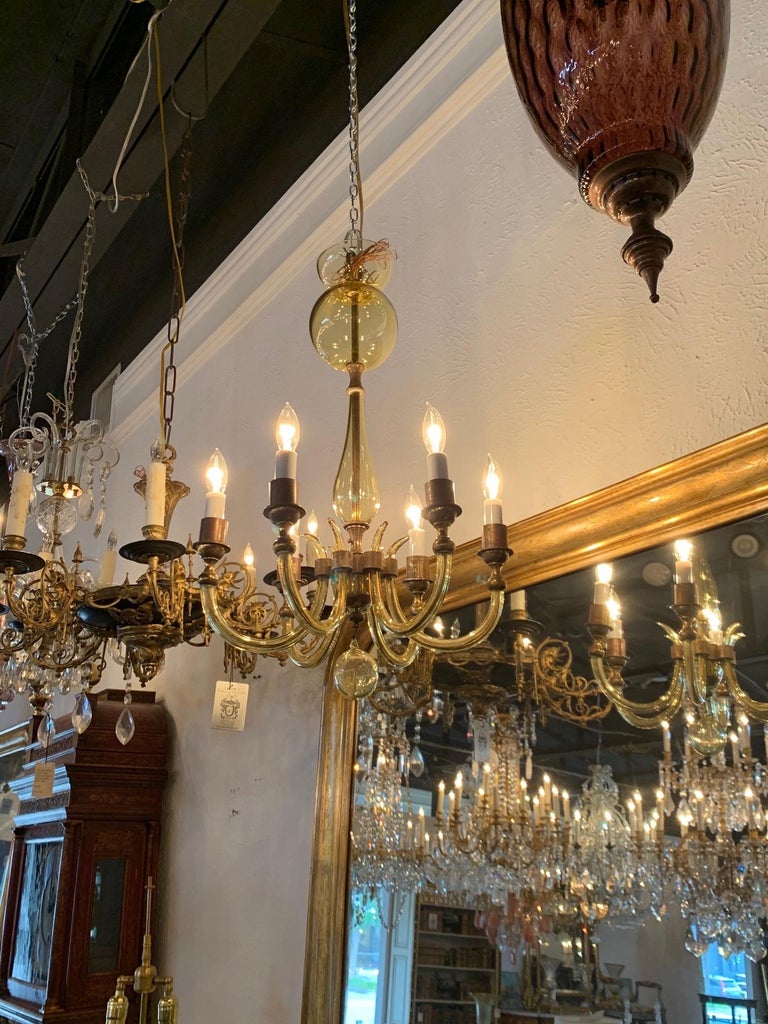 Vintage Italian Murano Glass and Brass 6-Light Chandelier In Good Condition For Sale In Dallas, TX