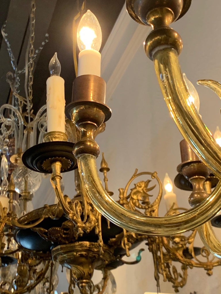 Vintage Italian Murano Glass and Brass 6-Light Chandelier For Sale 2