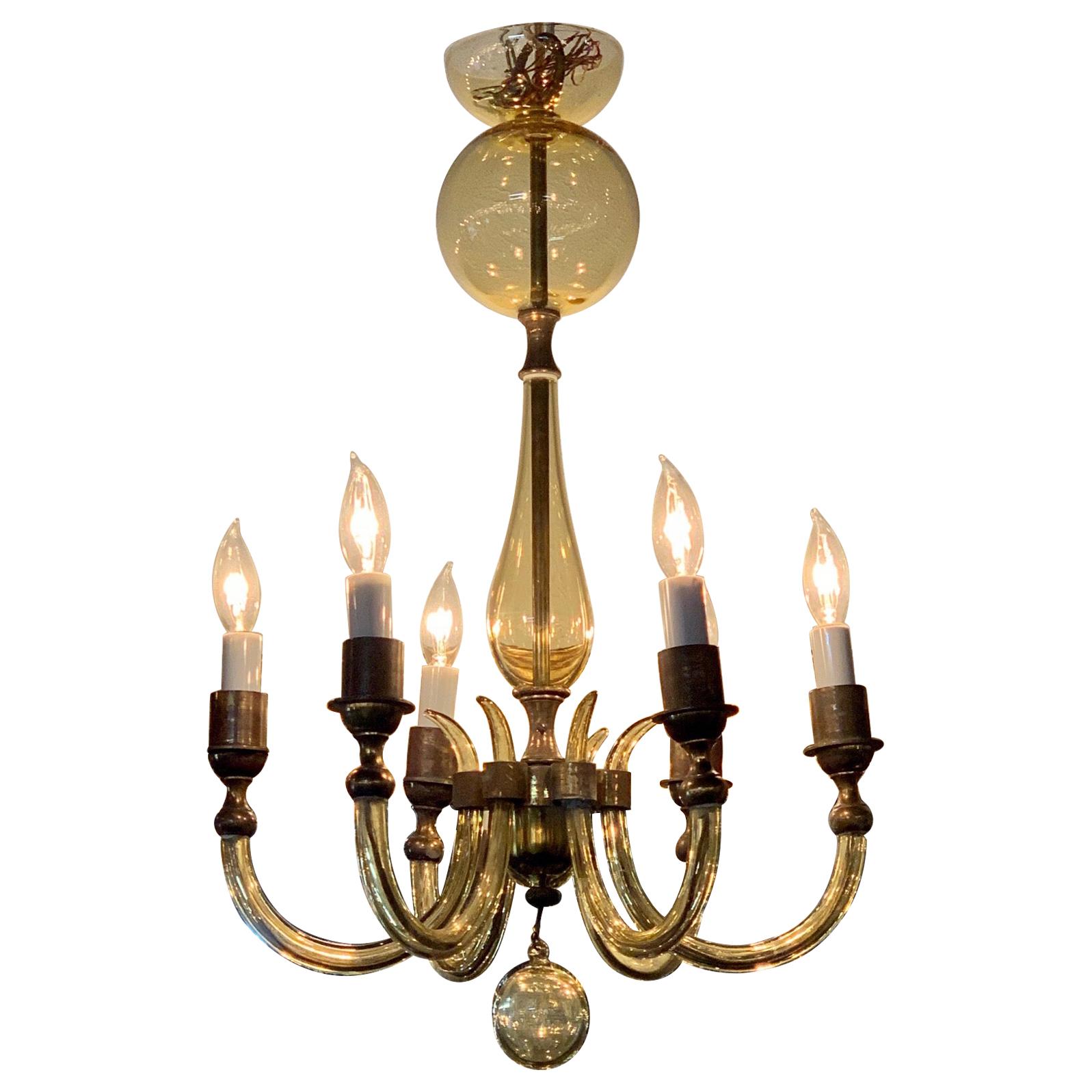 Vintage Italian Murano Glass and Brass 6-Light Chandelier