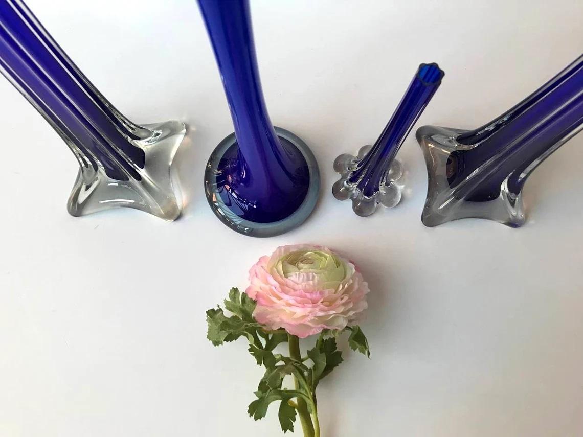 Vintage Blue Tall Vases made of Murano Glass.

Looks Great in an Ensemble.

Italy, Murano.

1970s.

In excellent condition, no chips, cracks or crazing.

Size:

23.6 inc 60 cm.

16 inc 40.5 cm.

7.9 inc. 20 cm.