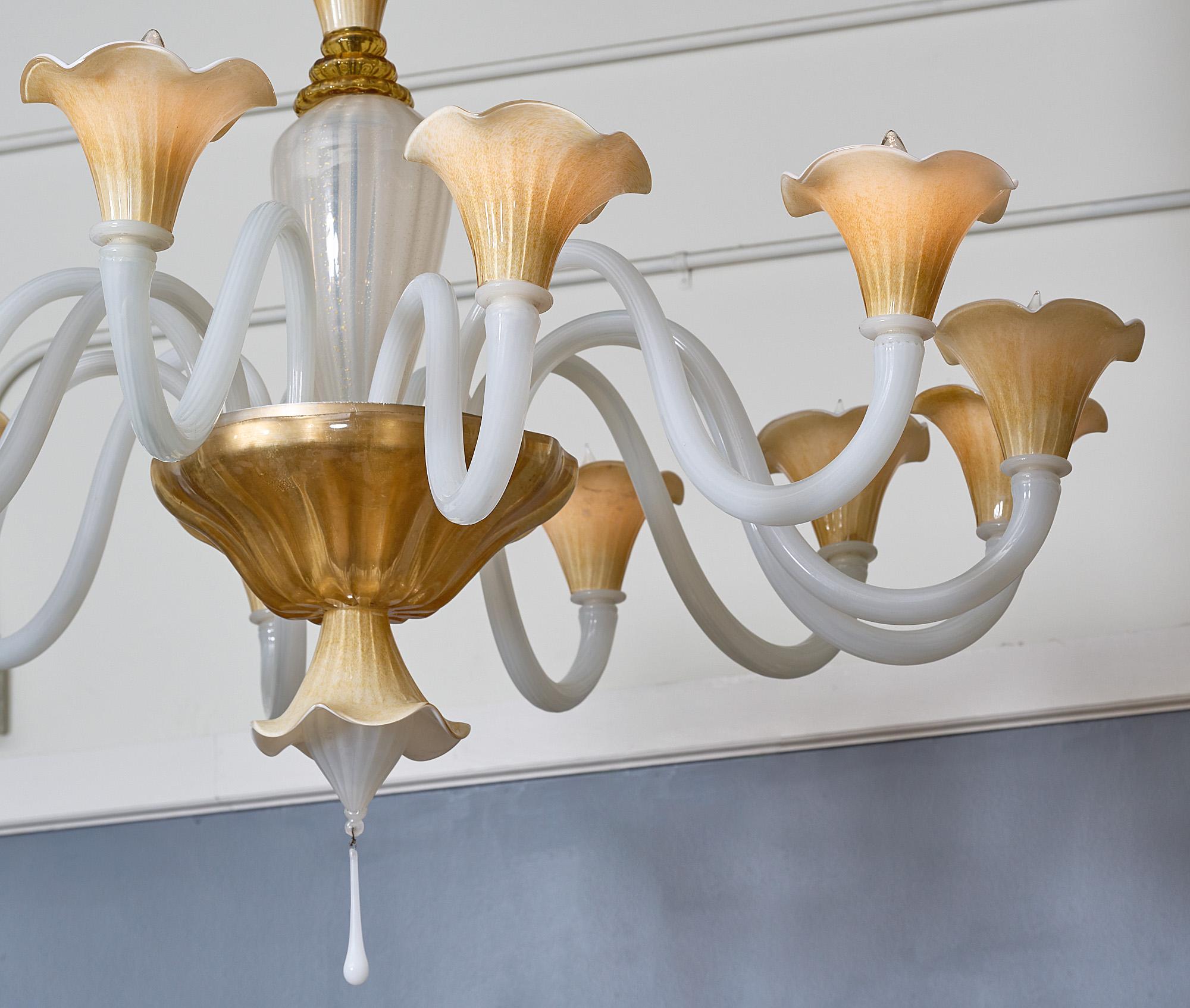 Spectacular vintage Italian Venini Murano glass chandelier made of hand blown opaline and cream glass with 23 carat 