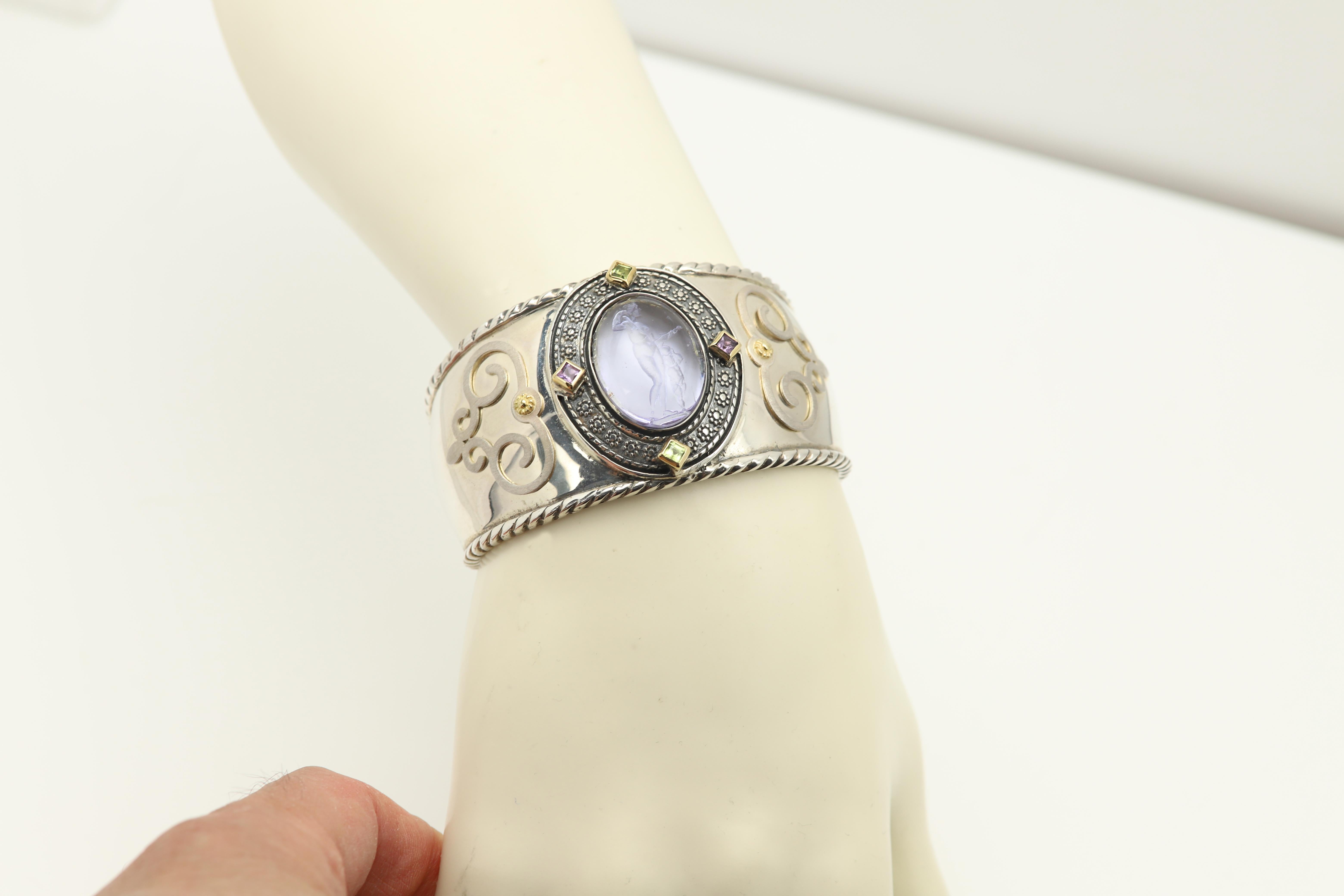 Gothic Revival Vintage Italian Murano Glass Cuff Bracelet Cameo of Venus and Cupid Goddess For Sale