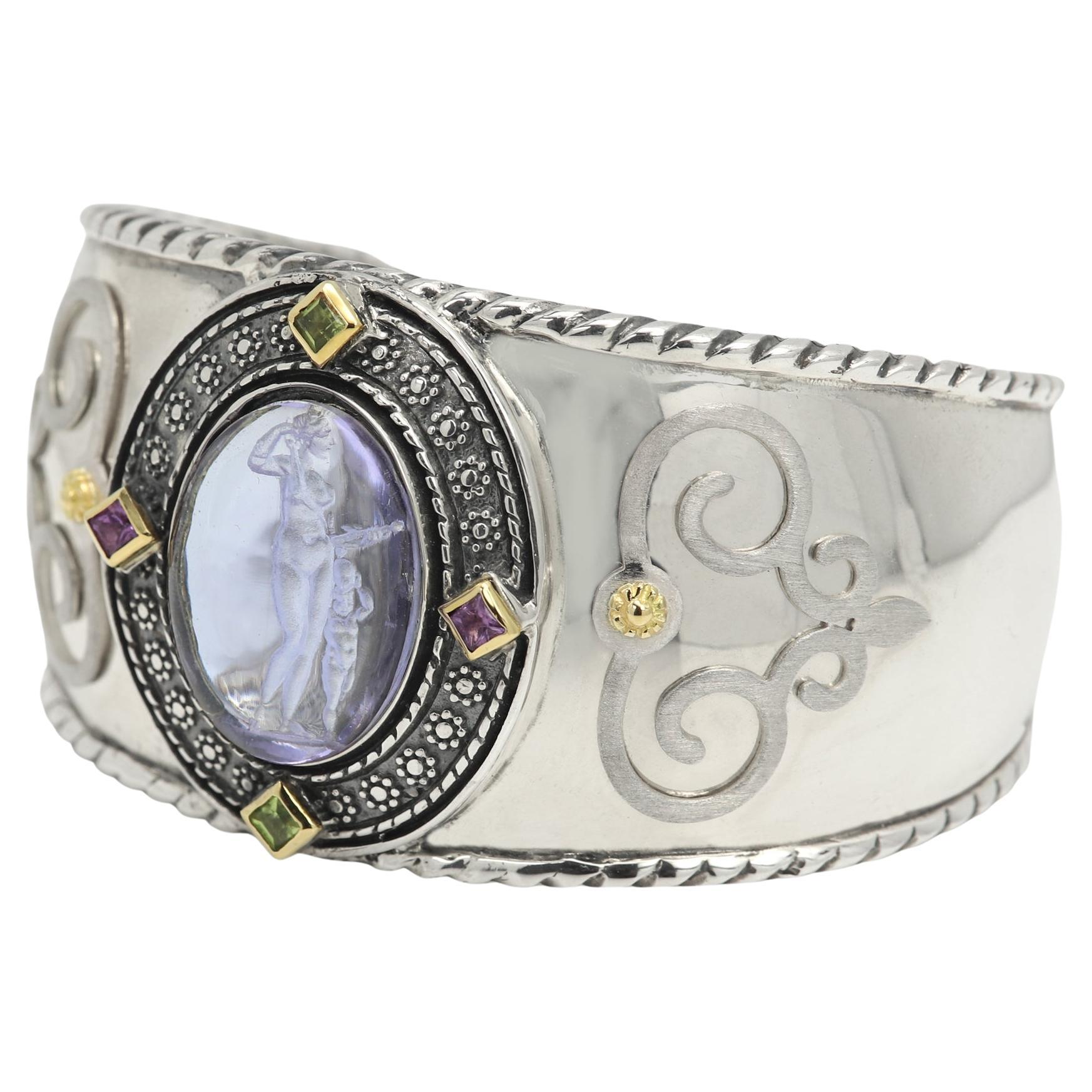 Vintage Italian Murano Glass Cuff Bracelet Cameo of Venus and Cupid Goddess For Sale