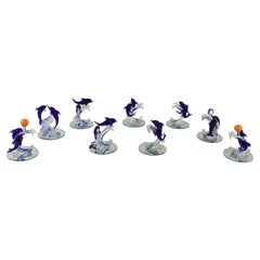 Figuras de mesa vintage de cristal de Murano italiano con forma de delfín: un juego de nueve
