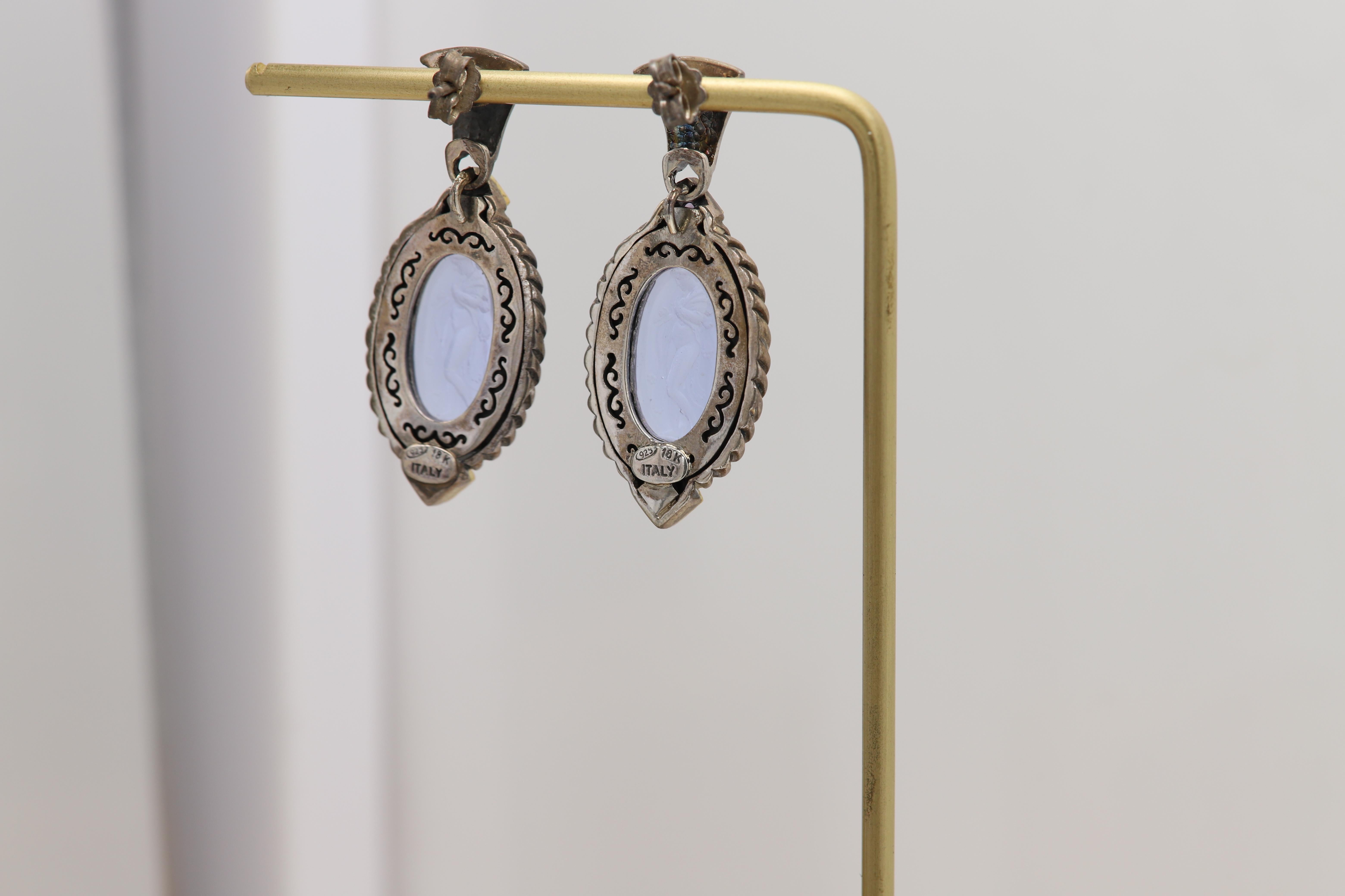 Vintage Italian Murano Glass Earrings Glass Cameo of Greek Goddess For Sale 6