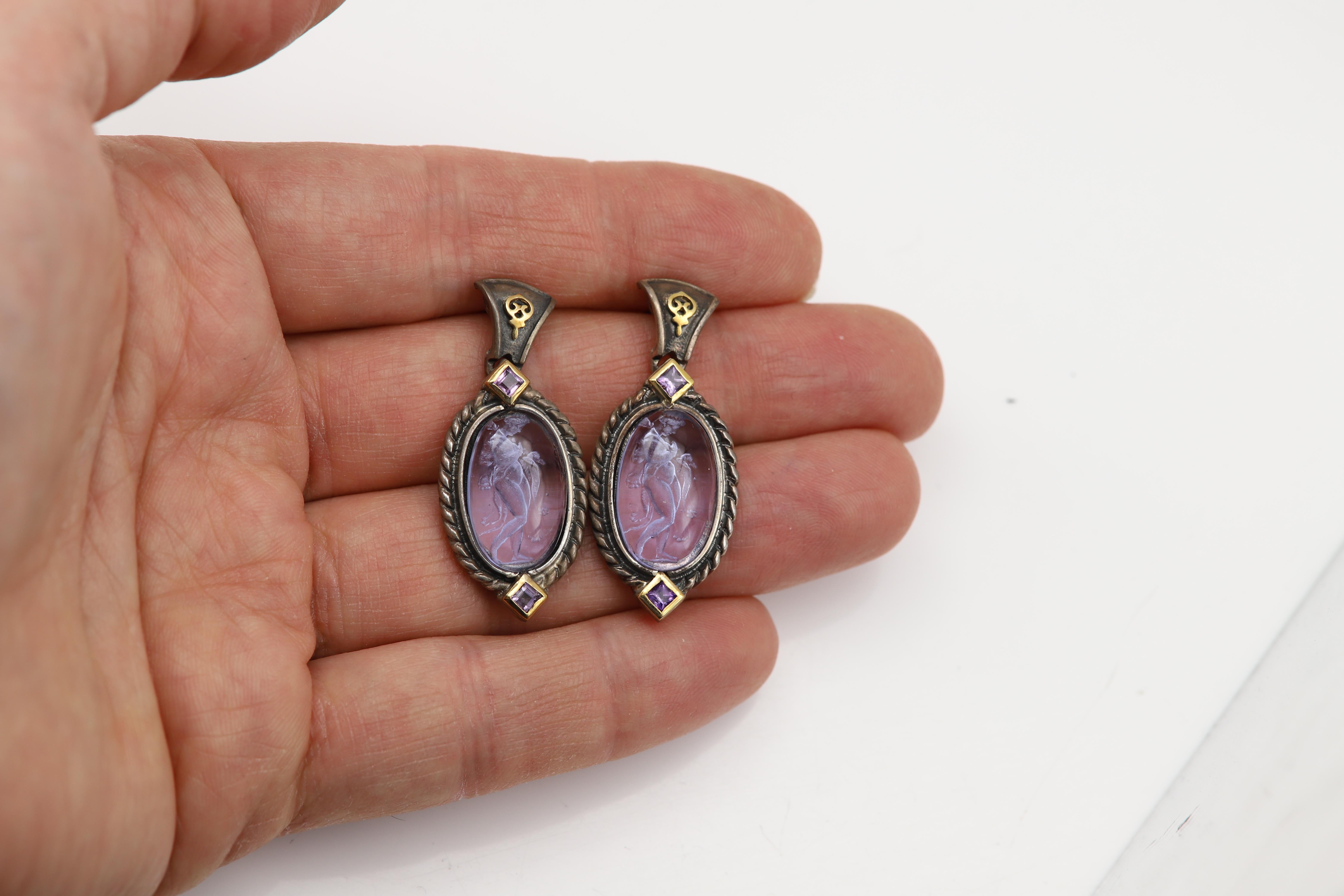 Vintage
Venetian Murano Glass Antique / Gothic Style Earrings
Image of Venus  Goddess associated with love, beauty and fertility
Glass color tone- light purple-ish/blue-ish
Mostly Sterling Silver 925, approx 17 Grams, 
Has some real 18k Gold