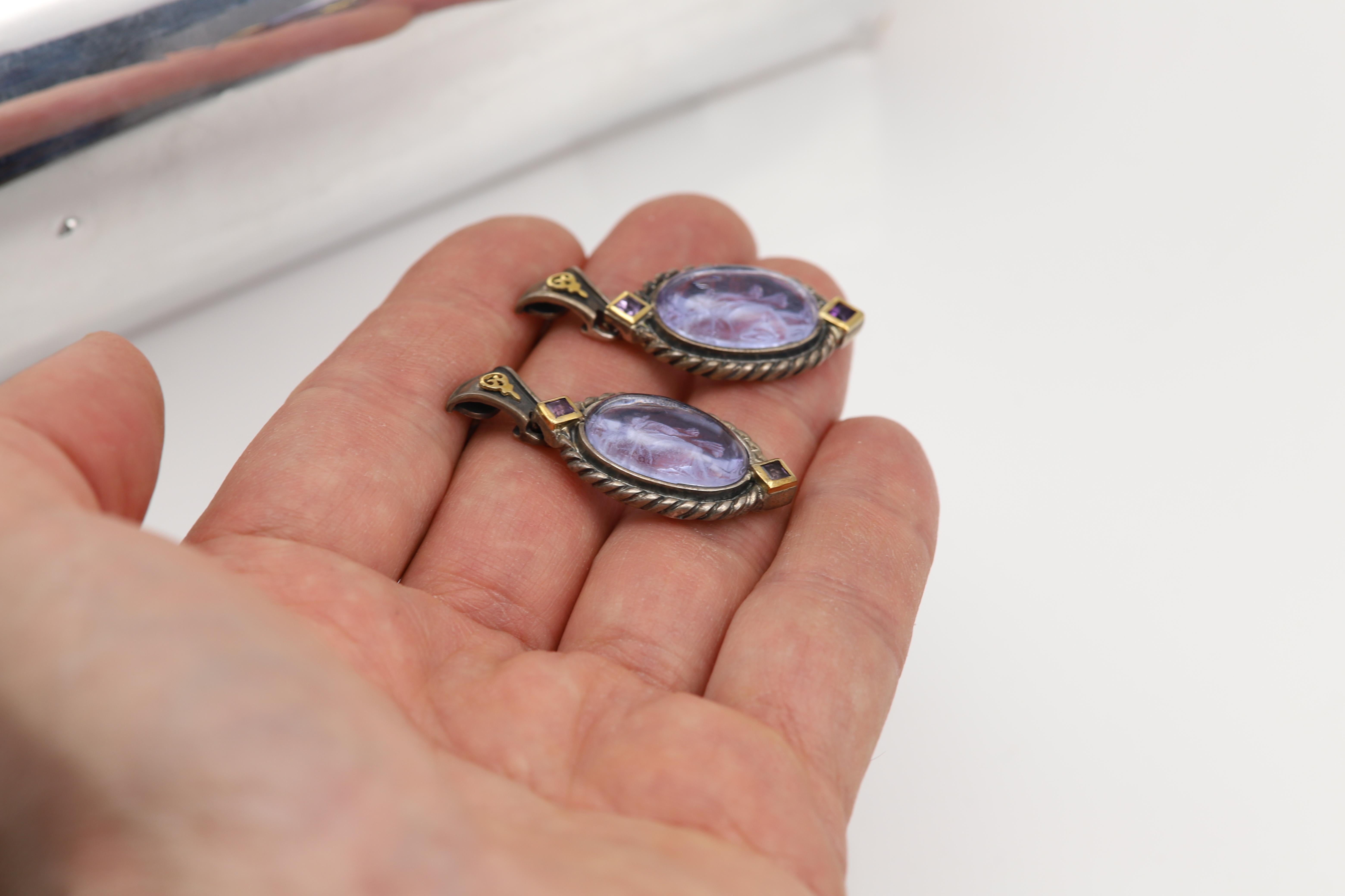 Vintage Italian Murano Glass Earrings Glass Cameo of Greek Goddess In New Condition For Sale In Brooklyn, NY