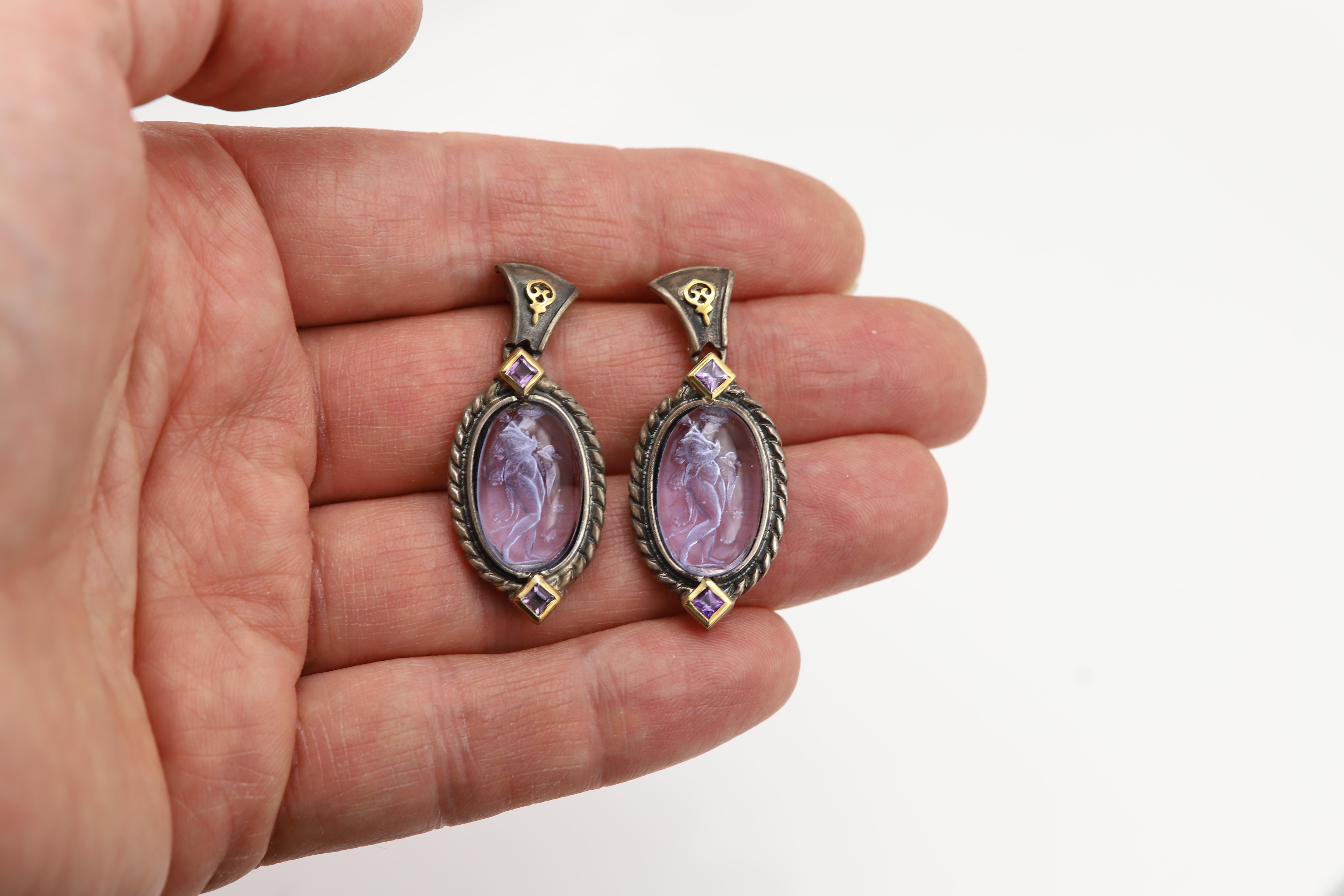 Women's Vintage Italian Murano Glass Earrings Glass Cameo of Greek Goddess For Sale