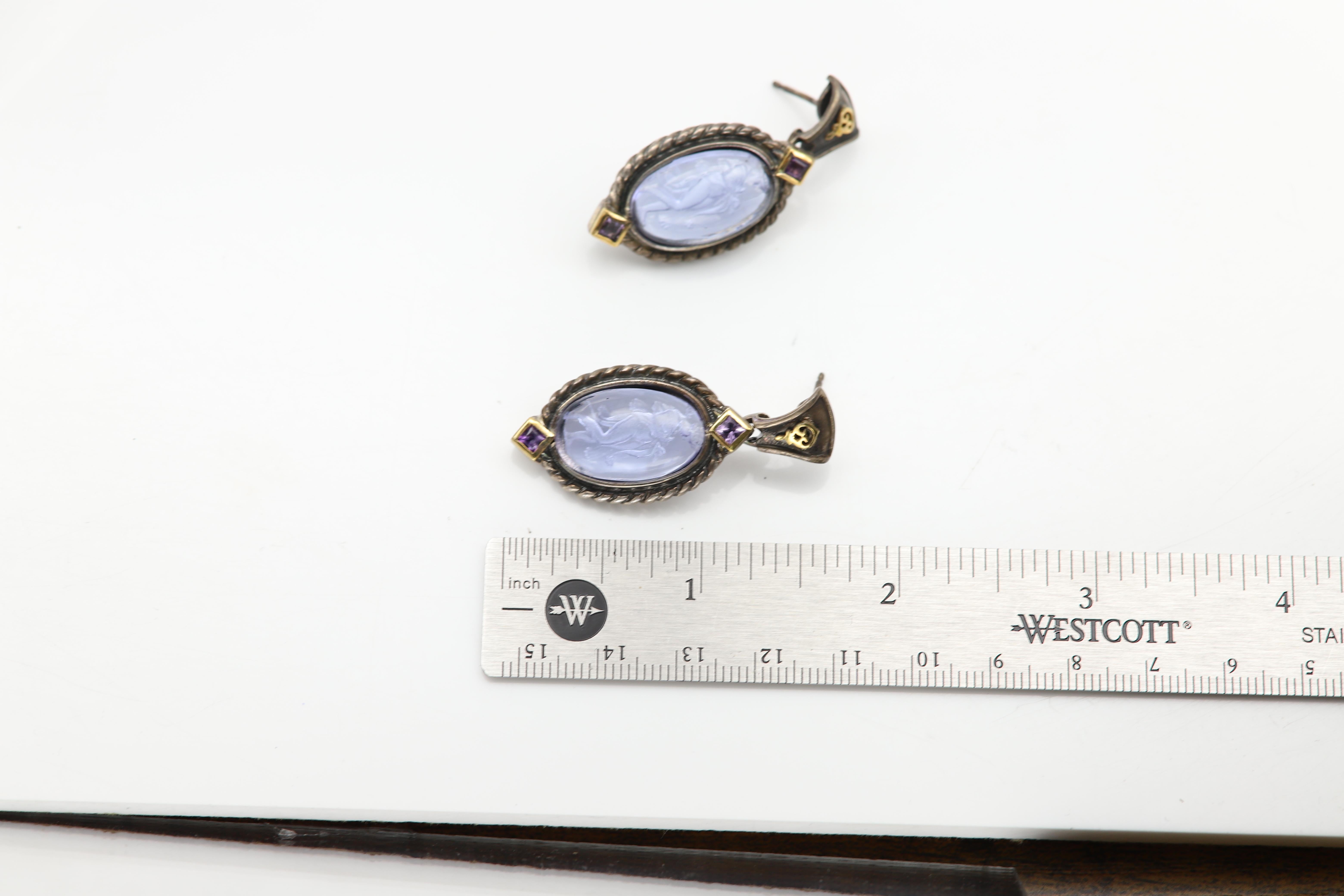 Vintage Italian Murano Glass Earrings Glass Cameo of Greek Goddess For Sale 1