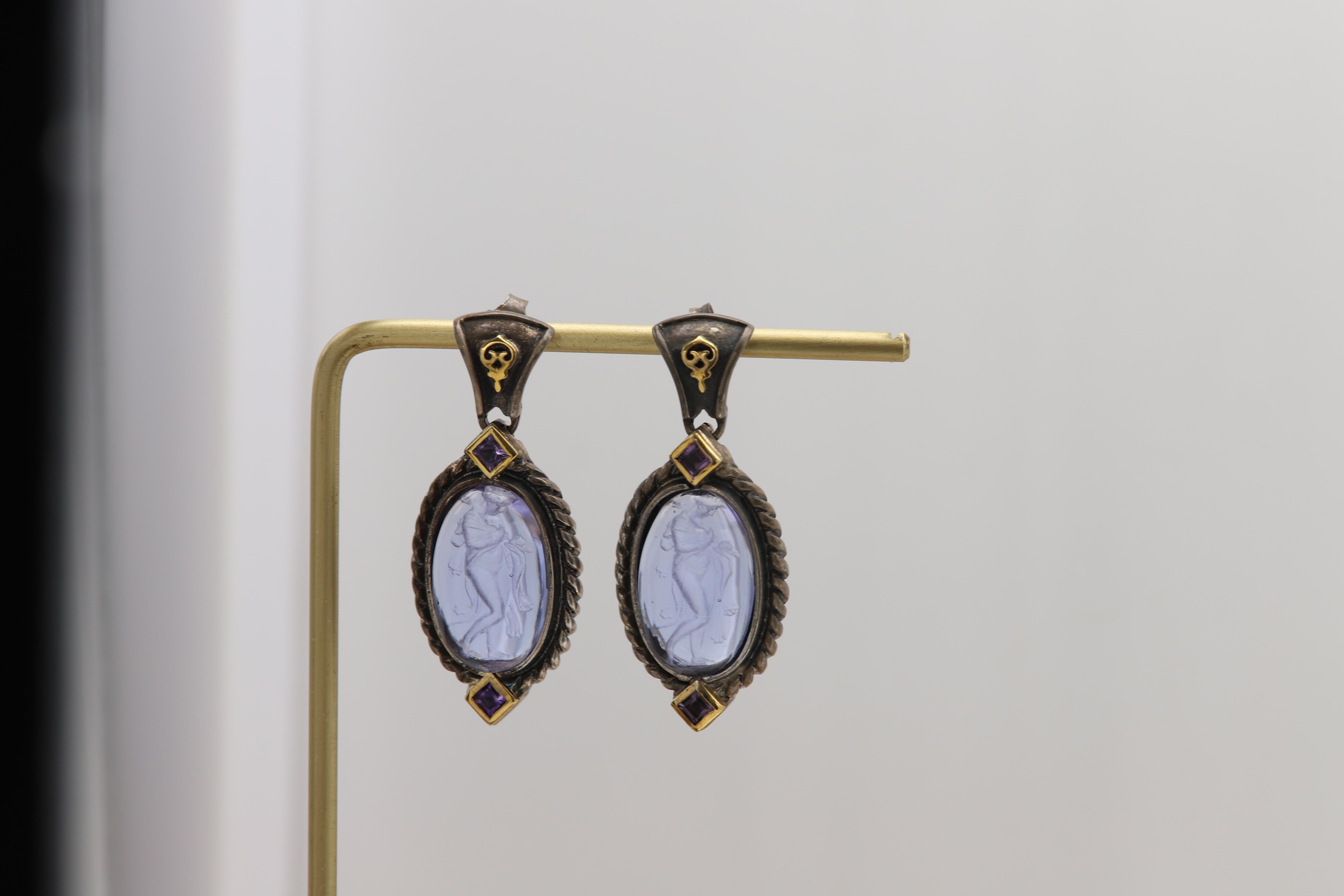 Vintage Italian Murano Glass Earrings Glass Cameo of Greek Goddess For Sale 3
