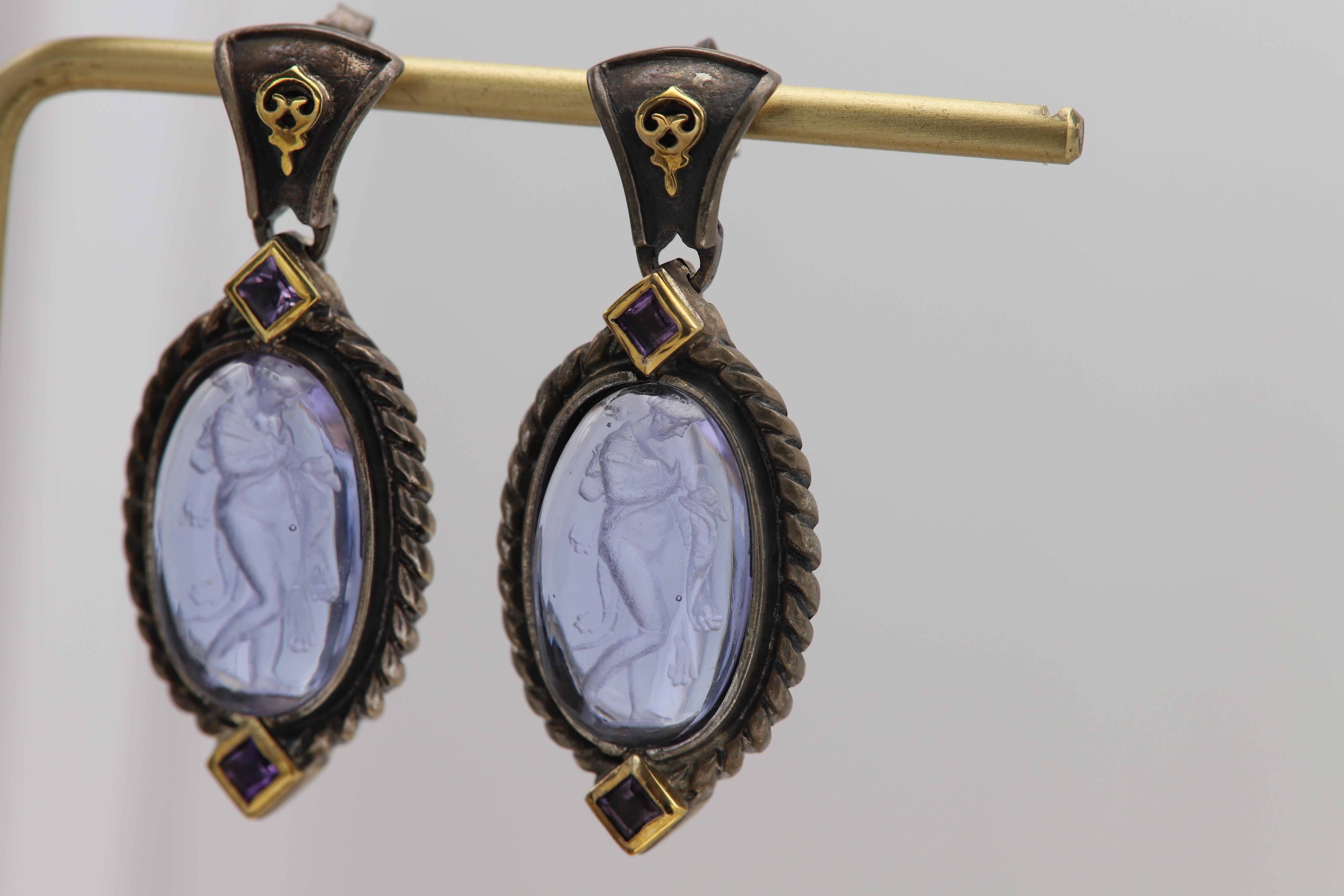 Vintage Italian Murano Glass Earrings Glass Cameo of Greek Goddess For Sale 4