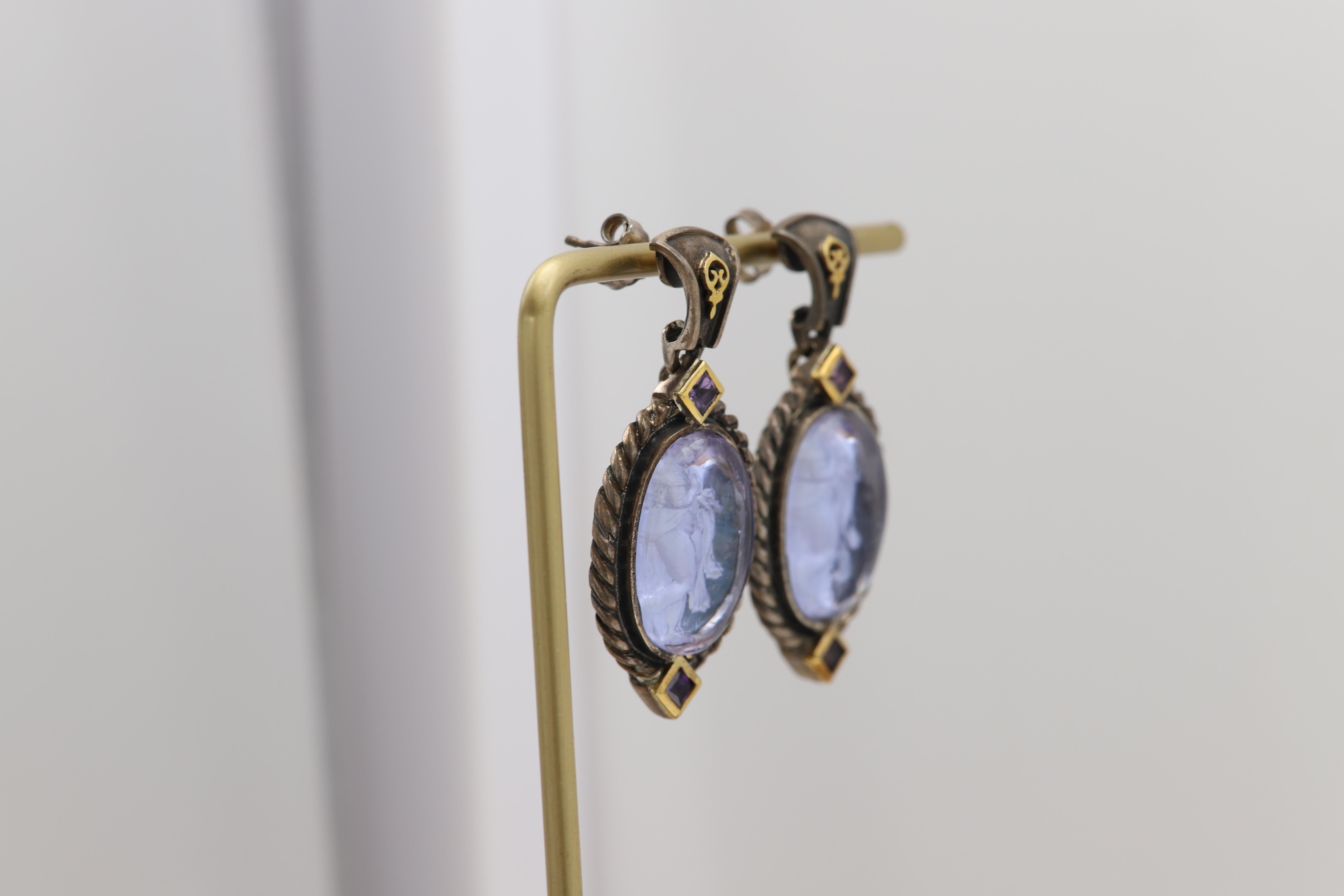 Vintage Italian Murano Glass Earrings Glass Cameo of Greek Goddess For Sale 5