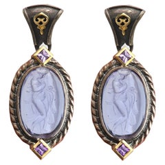 Vintage Italian Murano Glass Pendientes Camafeo de Vidrio de Diosa Griega