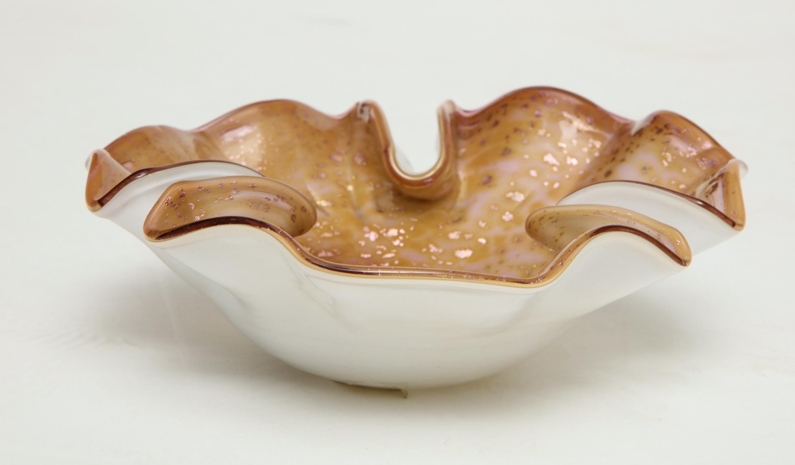 Mid-Century Modern Vintage Italian Murano Glass Leaf Bowl in Amber Color