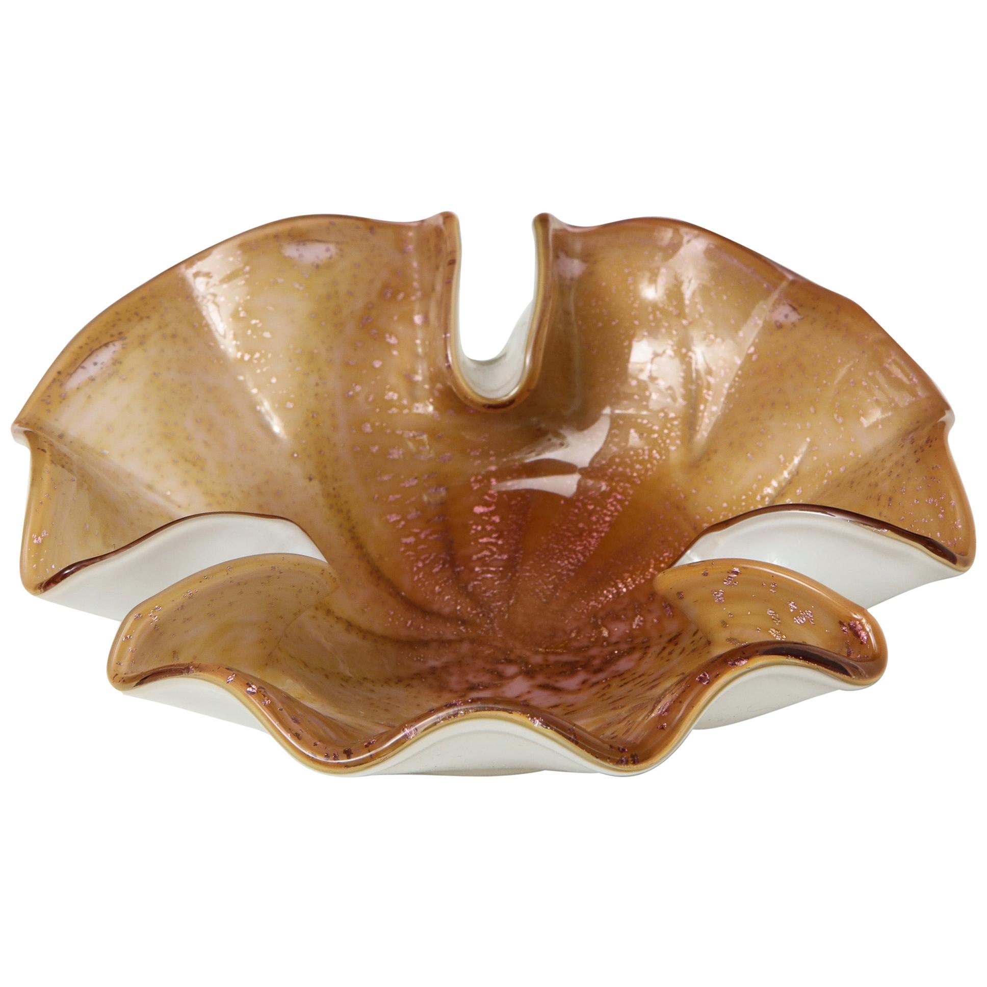Vintage Italian Murano Glass Leaf Bowl in Amber Color