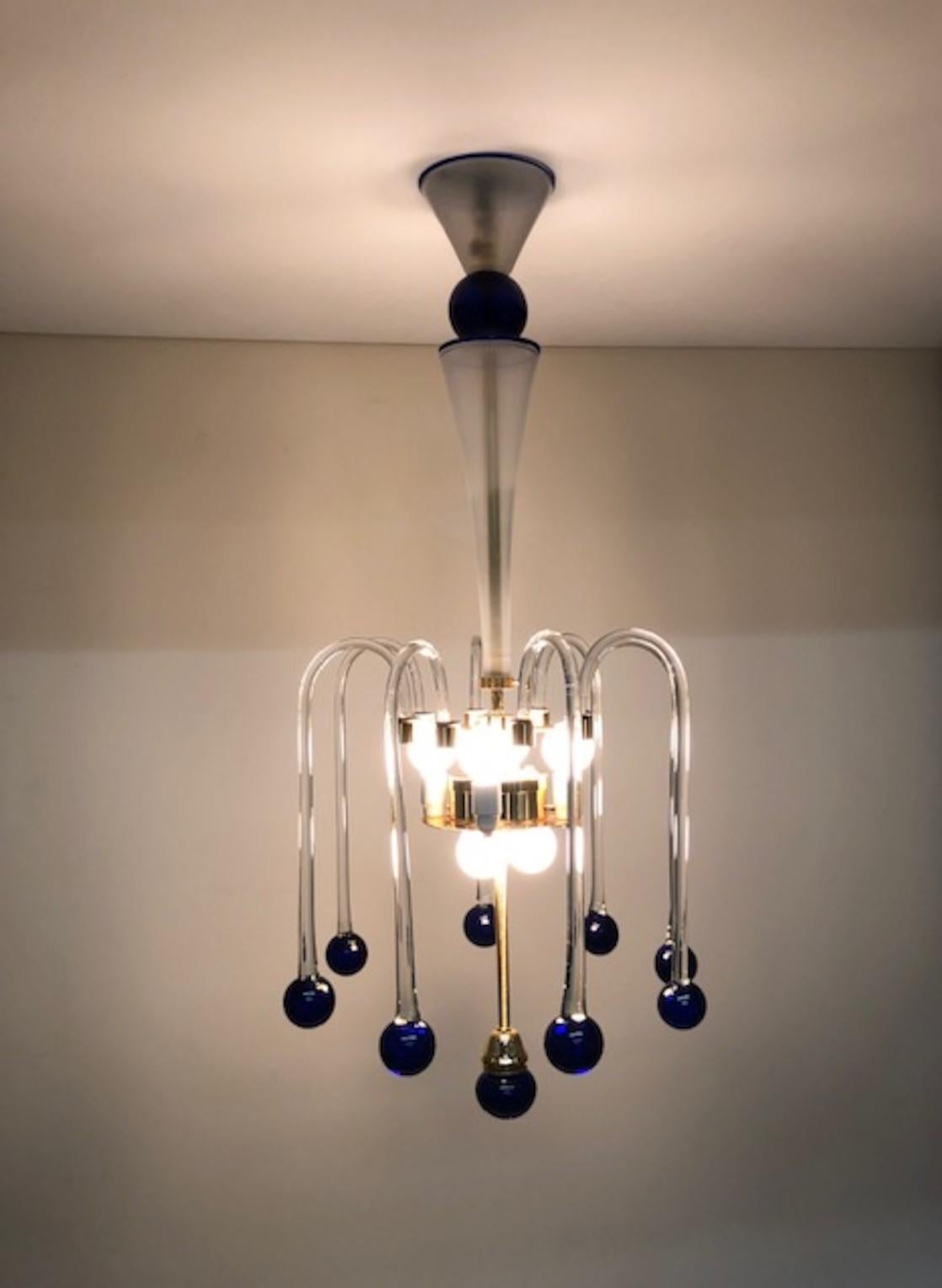 Vintage Italian Murano Glass Pendant Lamp Opaline with Blue and Crystal Accents For Sale 3