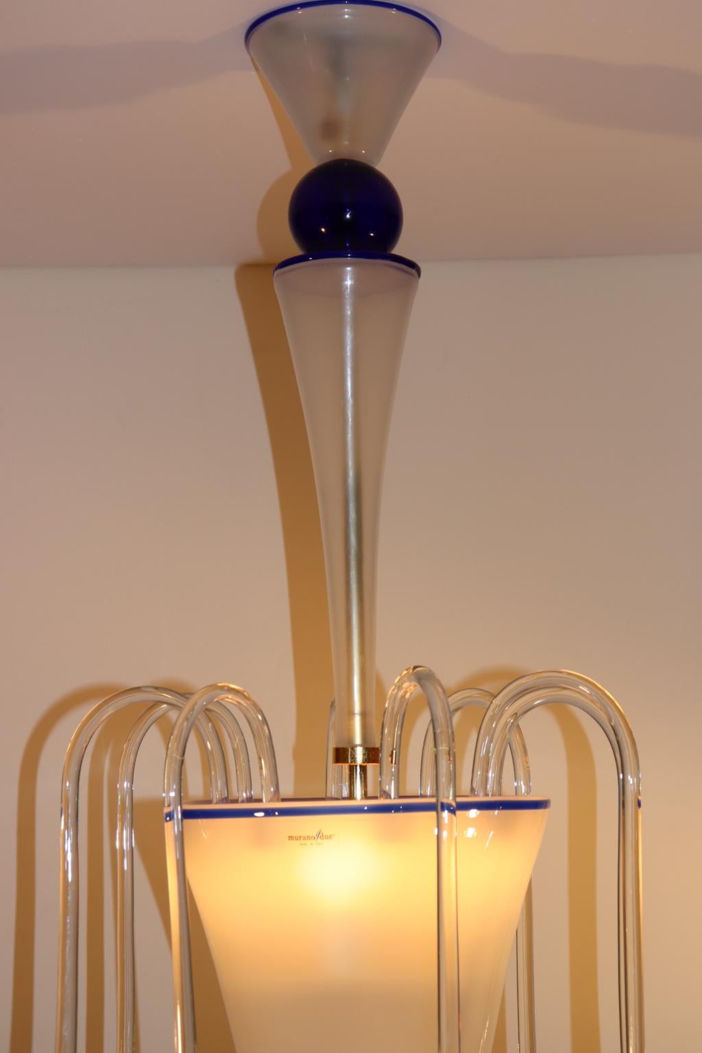 Vintage Italian Murano Glass Pendant Lamp Opaline with Blue and Crystal Accents For Sale 4