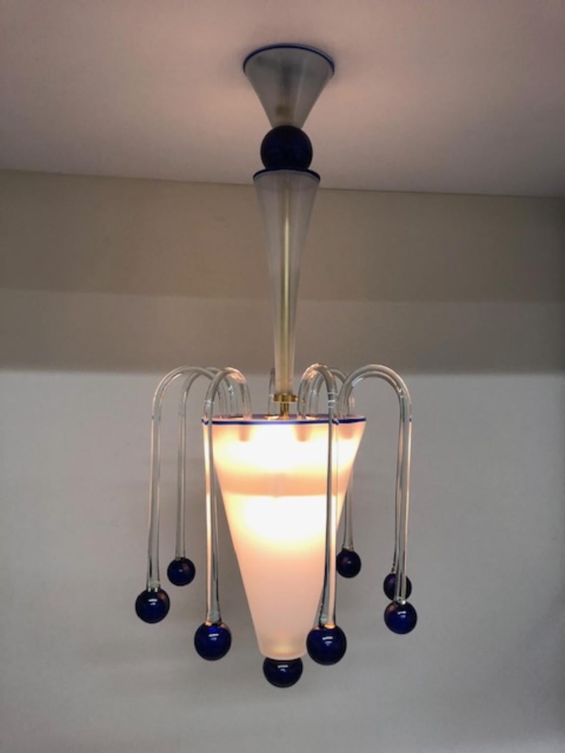 Mid-Century Modern Vintage Italian Murano Glass Pendant Lamp Opaline with Blue and Crystal Accents For Sale