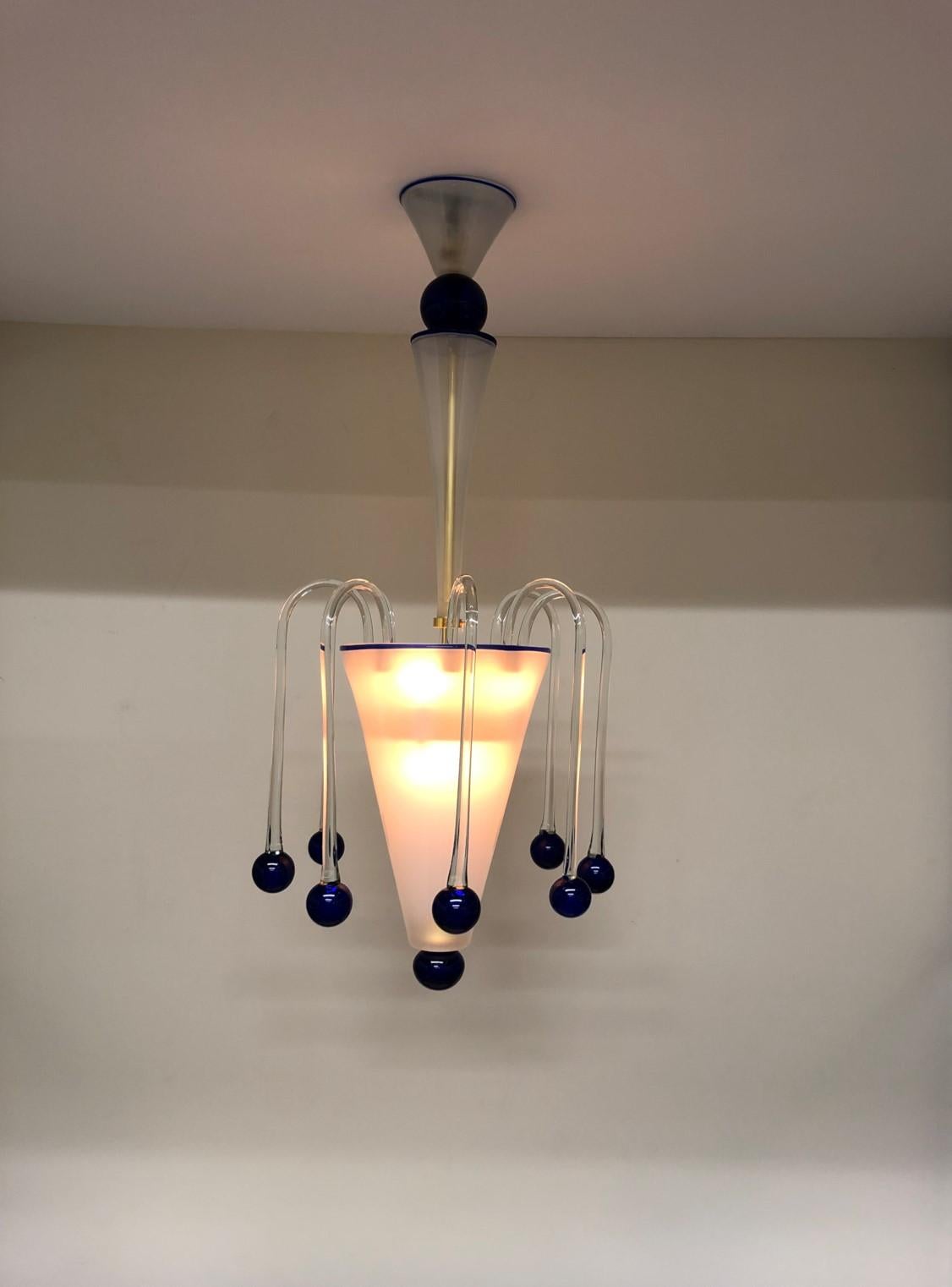 Hand-Crafted Vintage Italian Murano Glass Pendant Lamp Opaline with Blue and Crystal Accents For Sale
