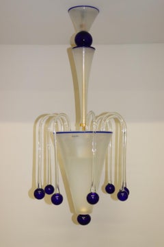 Vintage Italian Murano Glass Pendant Lamp Opaline with Blue and Crystal Accents