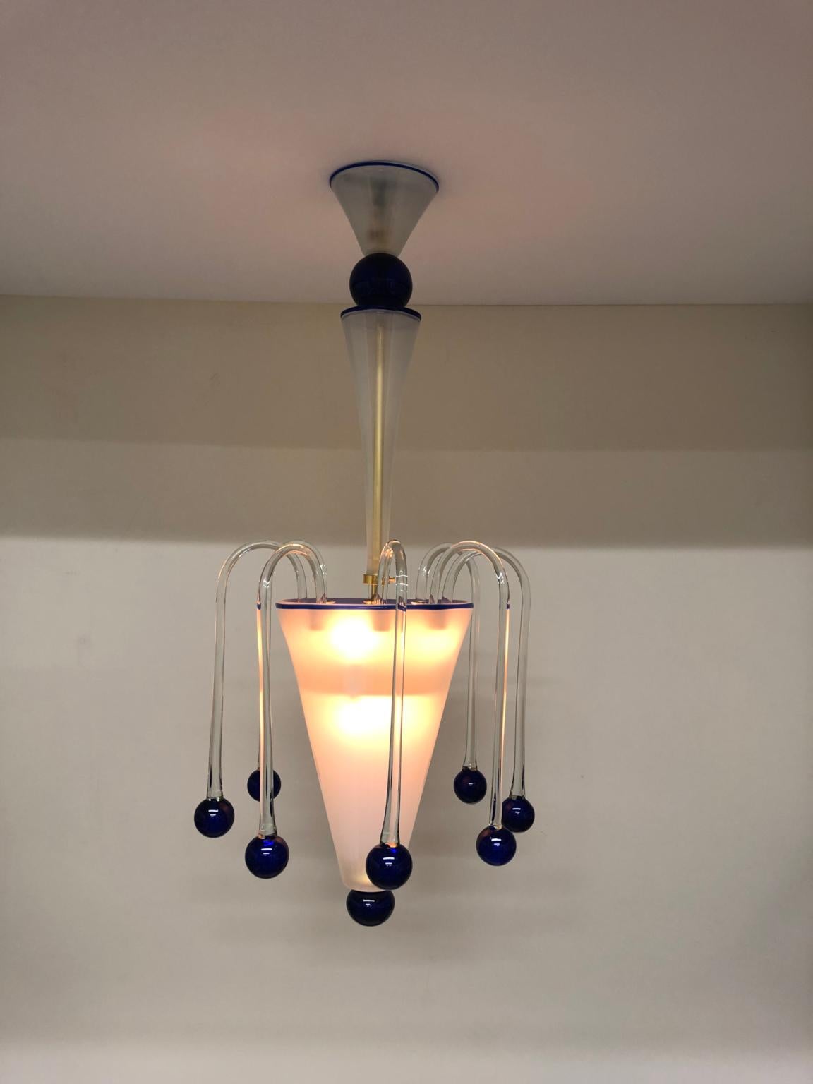 Vintage Italian Murano Glass Pendant Lamp Opaline with Blue and Crystal Accents In Excellent Condition For Sale In Saddle Brook , NJ