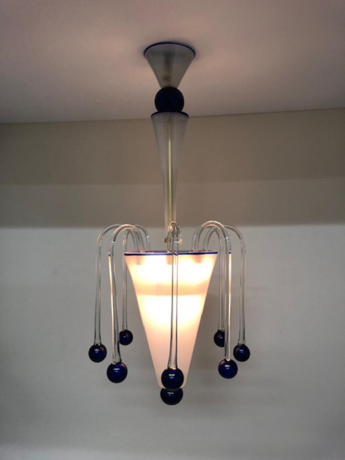 Late 20th Century Vintage Italian Murano Glass Pendant Lamp Opaline with Blue and Crystal Accents For Sale