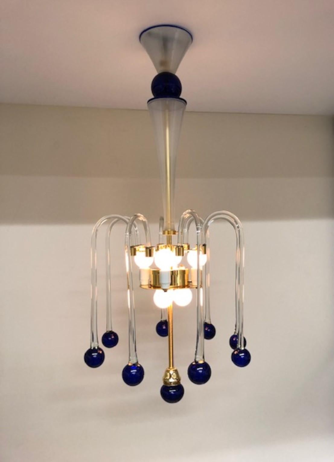 Vintage Italian Murano Glass Pendant Lamp Opaline with Blue and Crystal Accents For Sale 2