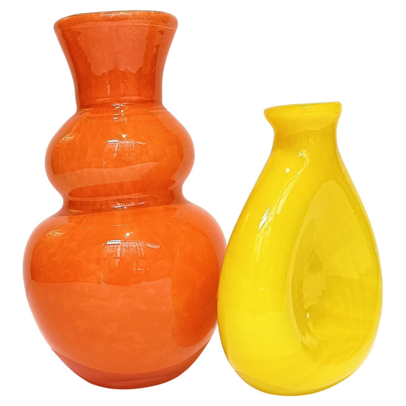 Mid-Century Modern Vintage Italian Murano Glass Pop Art Style Pair of Signed Vases, 1960s
