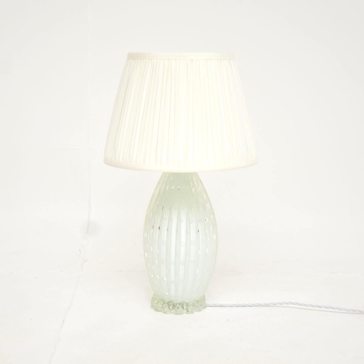 A stunning vintage Italian Murano glass table lamp, made in Italy and dating from the 1960’s.

This is beautifully made and is of amazing quality. It is a lovely size with a gorgeous design, it has grooves running down the edges and is decorated