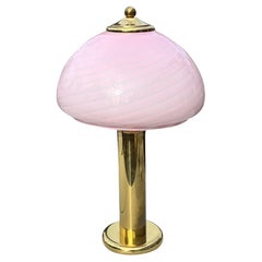 Vintage Italian Murano Glass Table Lamp in Pink White Swirl and Brass