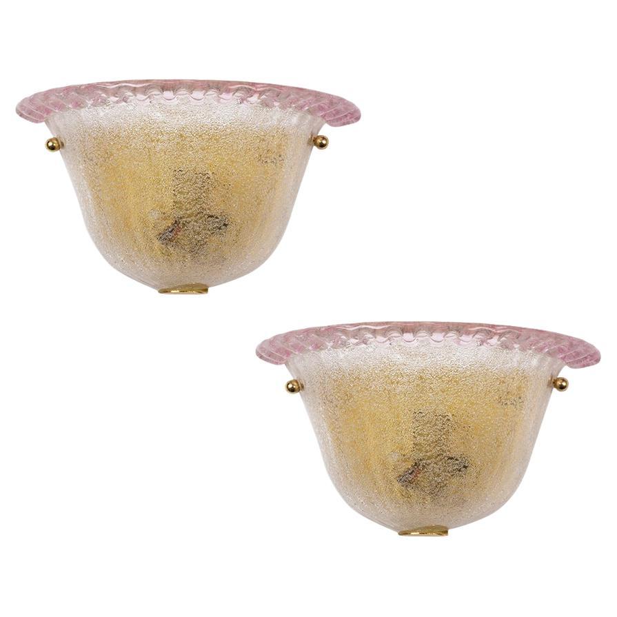 Vintage Italian Murano Glass Wall Sconces in Gold & Pink, Newly Wired For Sale