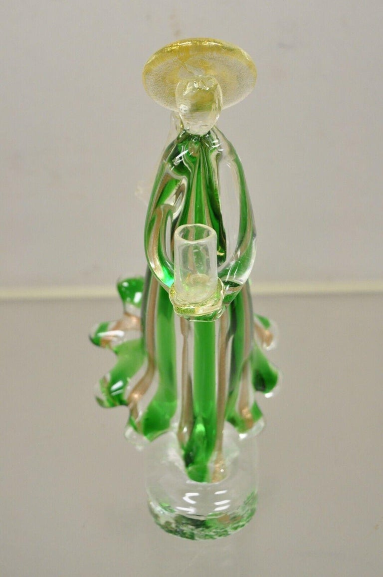 Vintage Italian Murano Green Blown Art Glass Gold Flecks Angel Candle